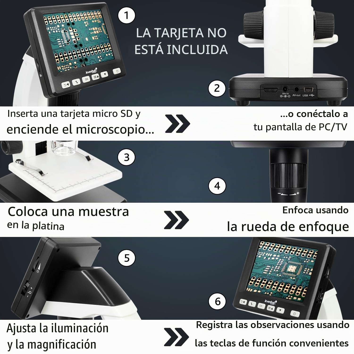 Microscopio Digital Portátil USB Levenhuk DTX 500 LCD (20–500x) con Pantalla LCD