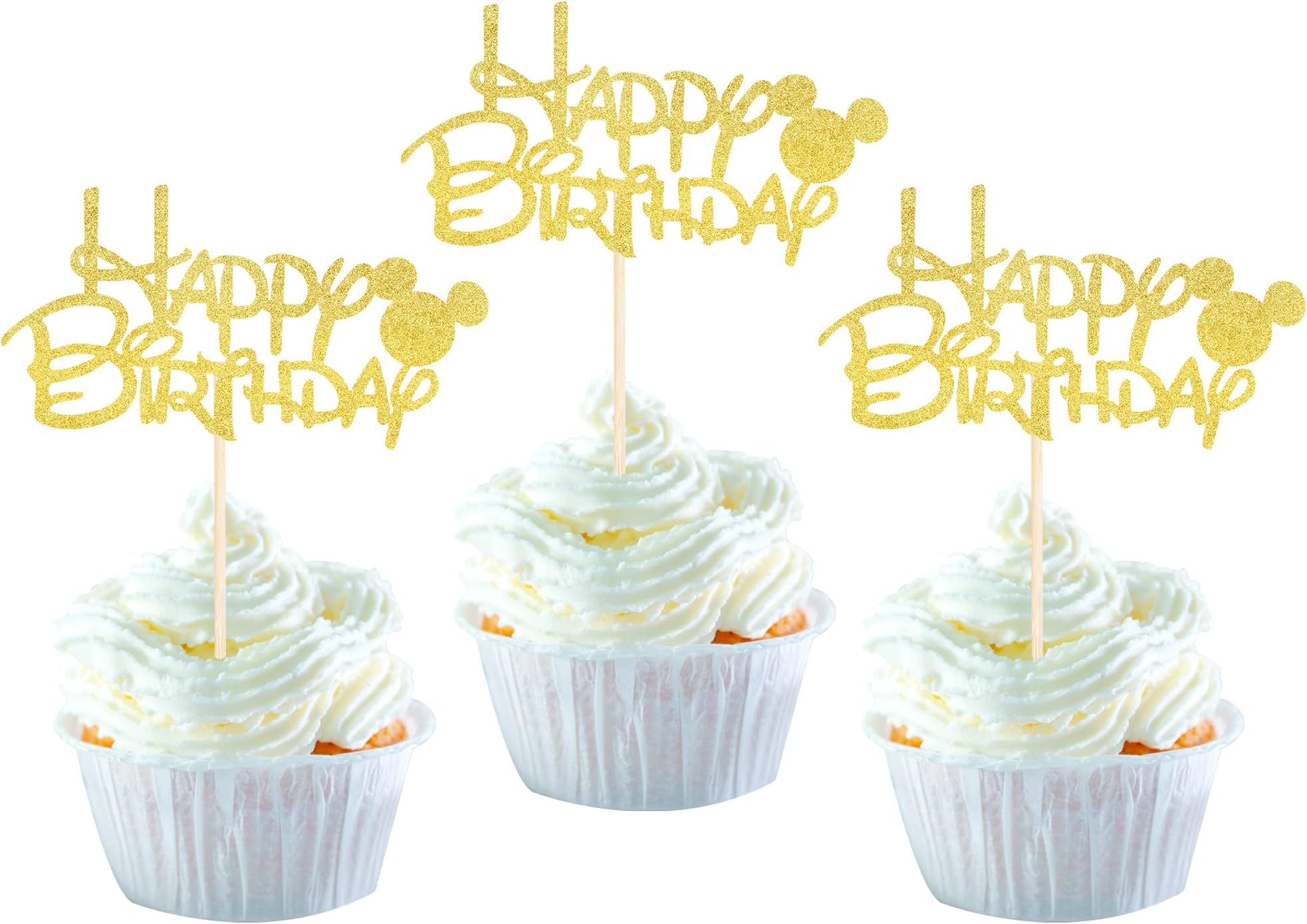 24 Pack Happy Birthday Cupcake Toppers Glitter Mini Mouse Inspired Birthday Cupcake Food Picks Baby Shower Kids Boys Girls Birthday Party Cake Decorations Supplies Gold