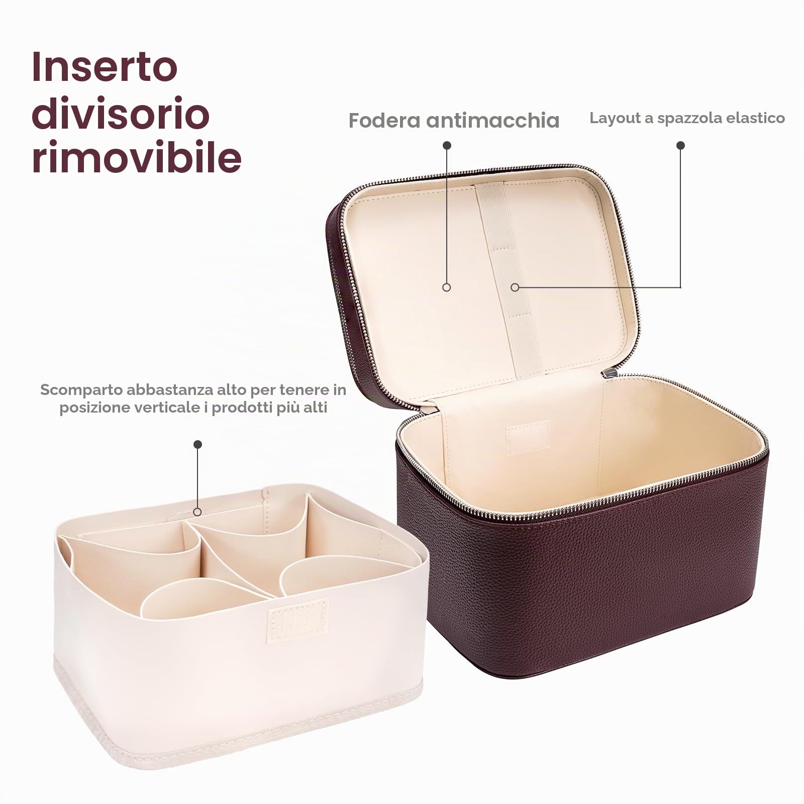 Beauty case per trucchi, grande capacità, impermeabile, a doppio strato, con divisorio rimovibile, doppio scomparto, organizer per pennelli da viaggio, multifunzionale, bordeaux (24,1 x 16,5