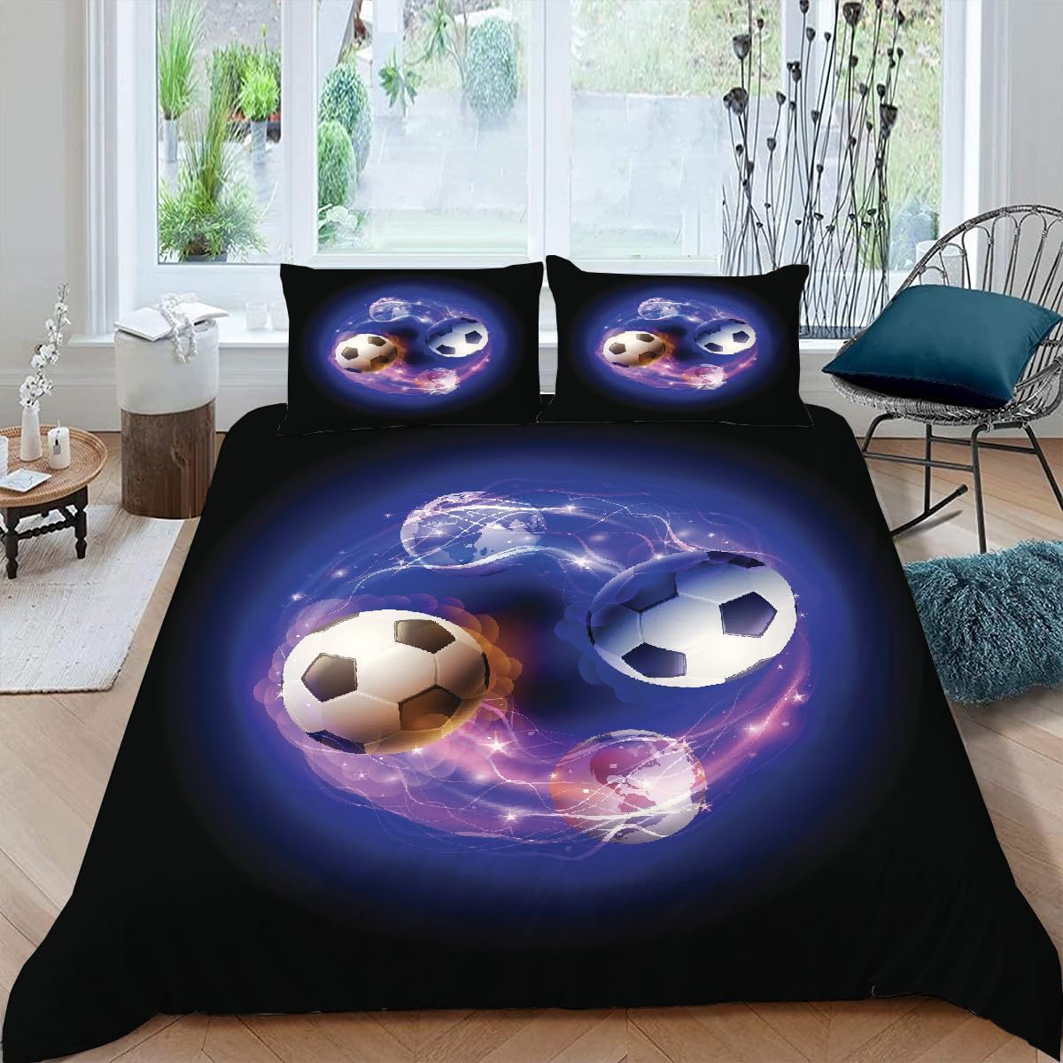 Housse de couette football 140x200 avec 2 taies d'oreiller en microfibre pour lit 1 personne