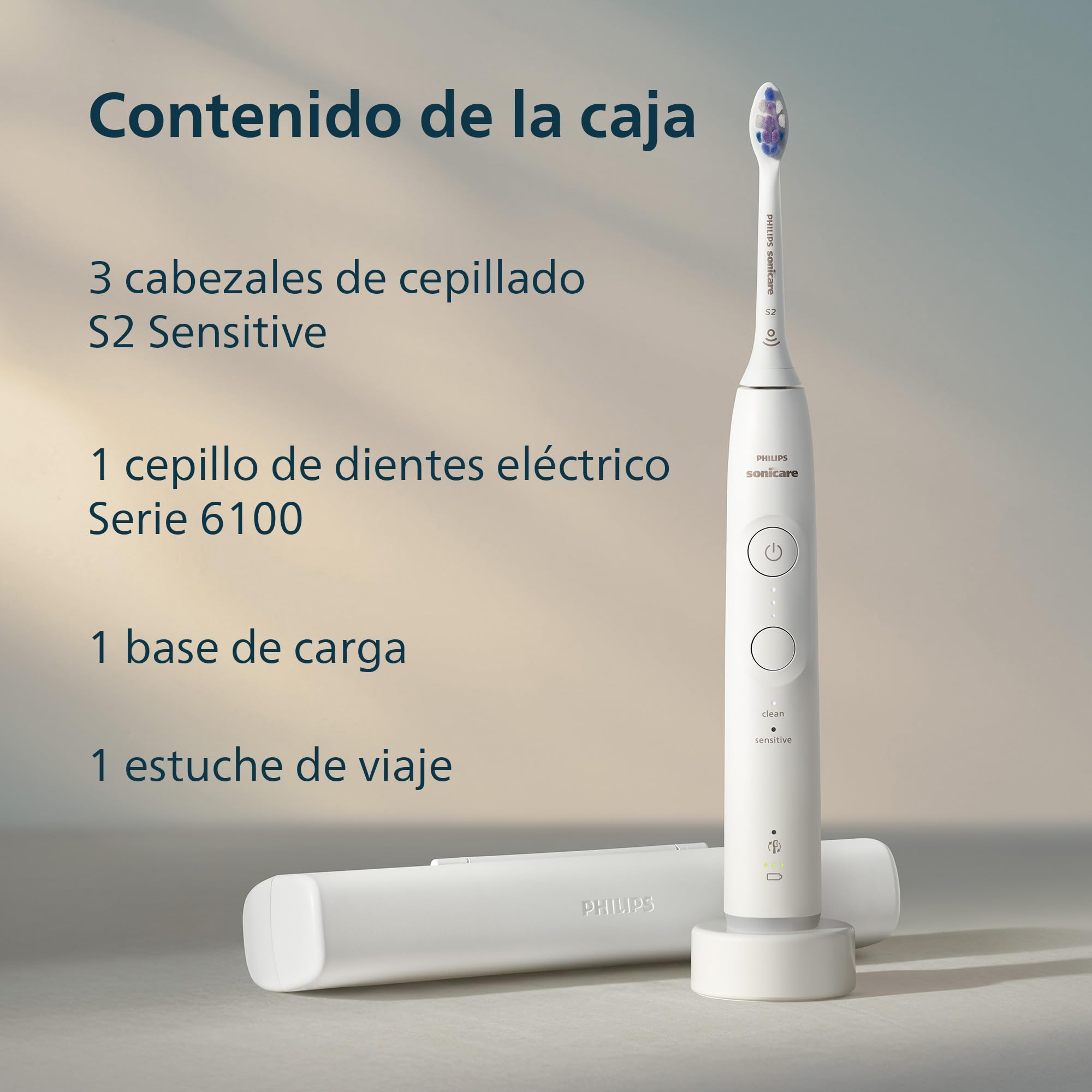 Philips Sonicare 6100 cepillo dental eléctrico, sónico con 2 modos de cepillado y 3 niveles de intensidad, EasyStart, estuche de viaje, blanco, HX7400/02 [Nueva Tecnología]