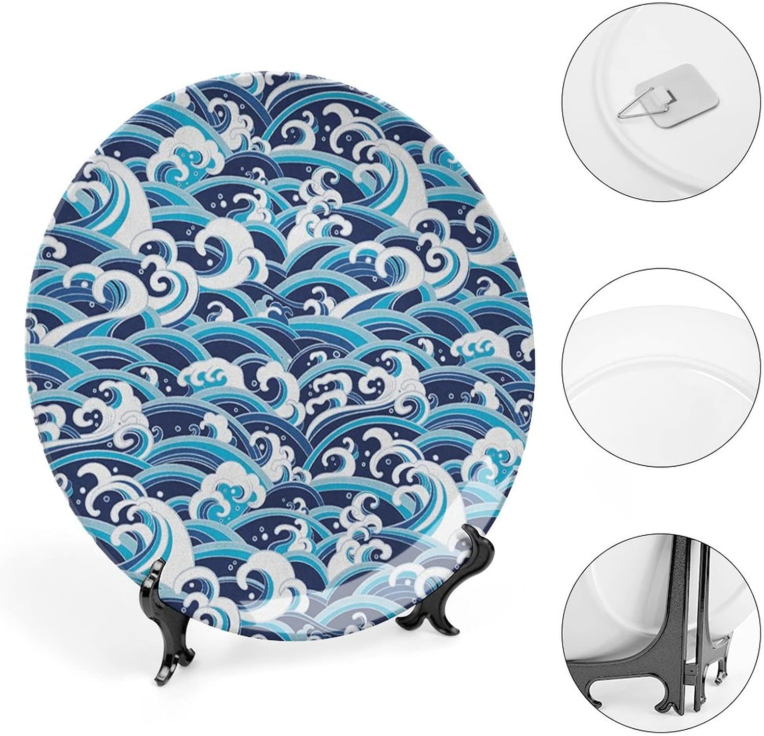 XISUNYA 10 Inch Decorative Plate, Japanese Wave Ceramic Plate, Traditional Eastern Pattern with Waves of Water Print Ceramic Wall Hanging for Home Office Party Dinner Table Decor