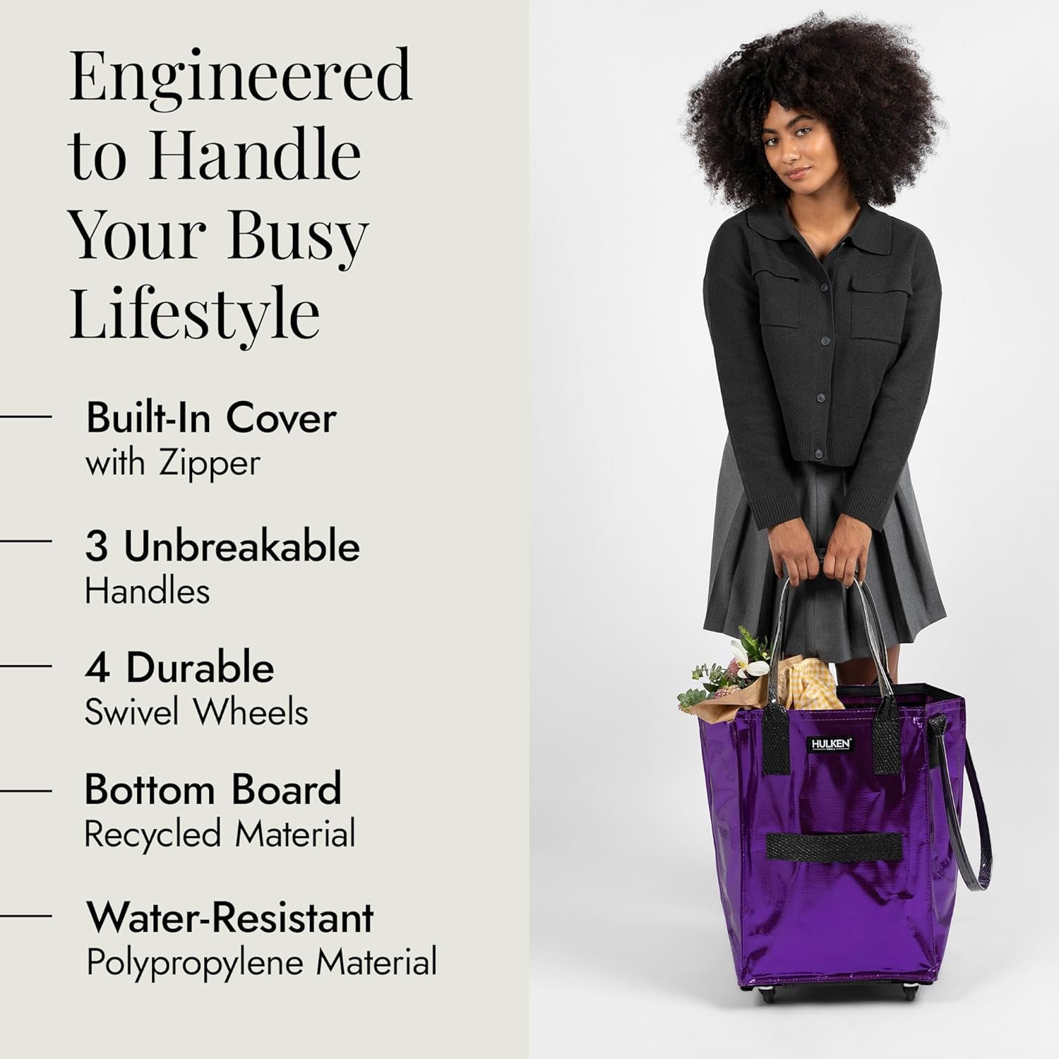 HULKEN - (Medium, Ultraviolet) Reusable Grocery Bag On Wheels, Shopping Trolley, Rolling Tote, Zipper Closure, Lightweight, Carries Up to 66 lb, Folds Flat, Unbreakable Handles