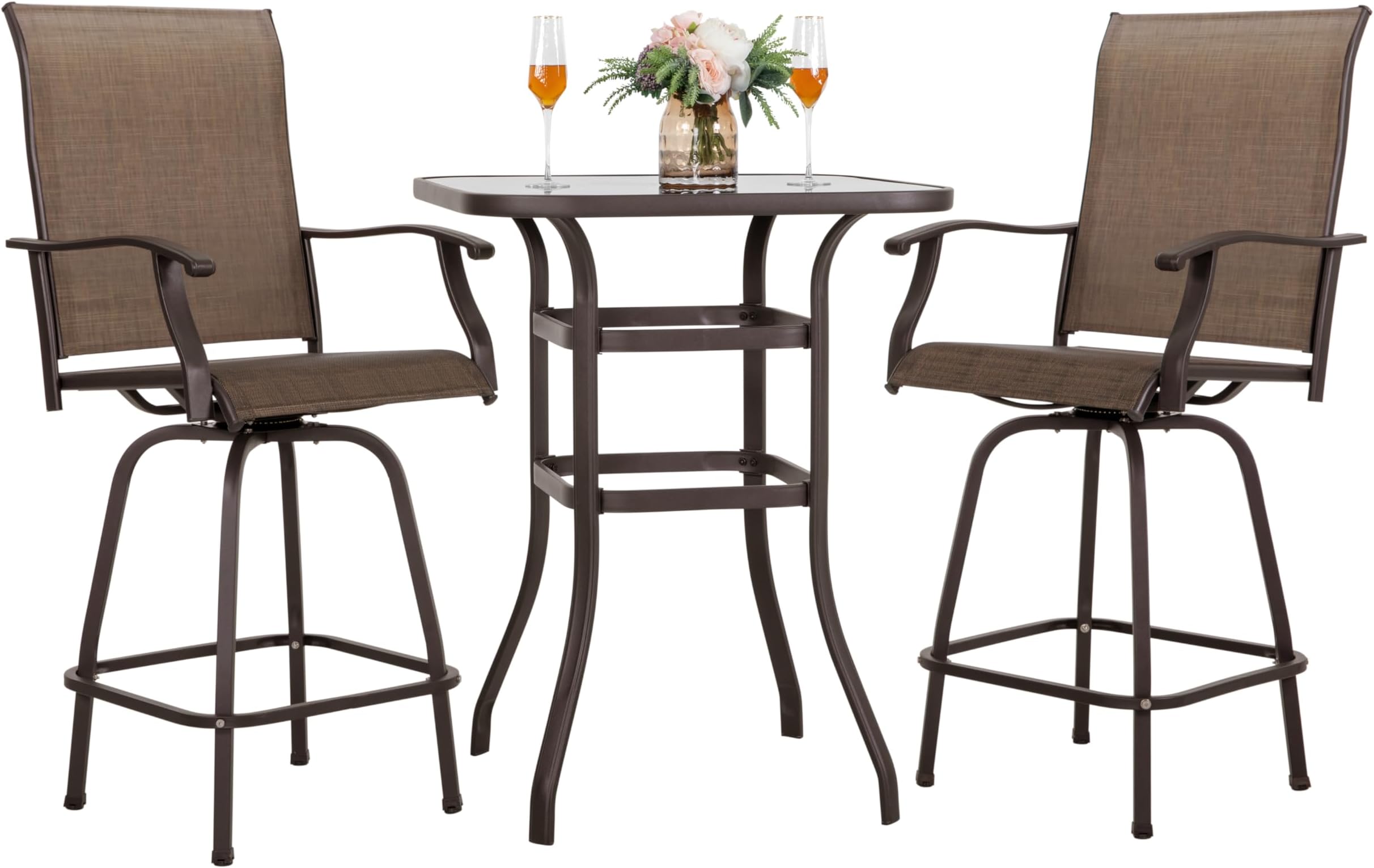 NUU GARDEN 3 Piece Patio Bar Set, All Weather Mental Textilene High Stools Set Outdoor Swivel Bar Chair Set of 2 and High Silk Screen Glass Bar Table, High Top Patio Set,Brown
