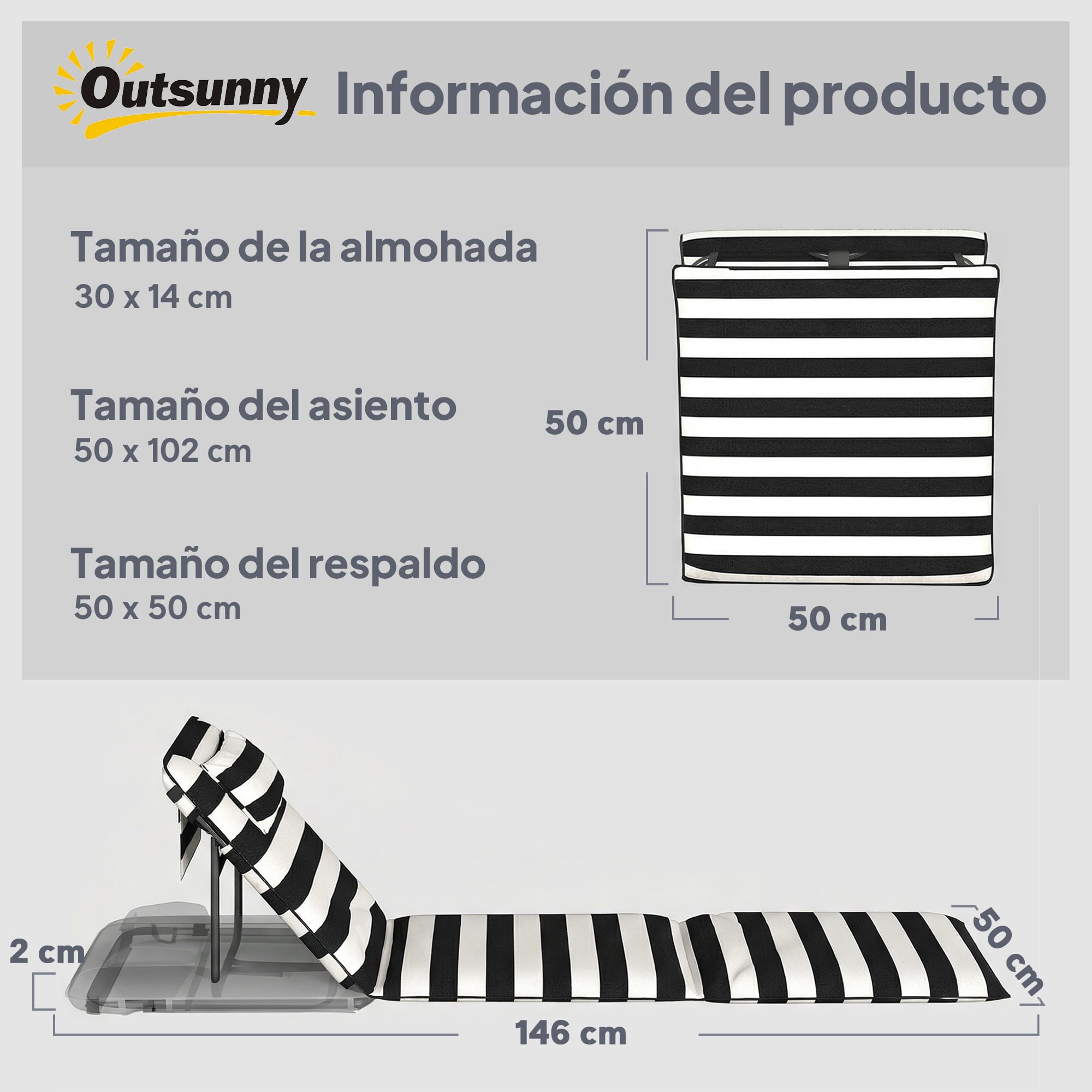 Outsunny Conjunto de 2 Esterillas de Playa Plegable, Esteras Portátil con Respaldo Ajustable, Reposacabezas Acolchado Tela Oxford 600D y Estructura de Metal, para Jardín, 150x50x2 cm, Gris y Blanco