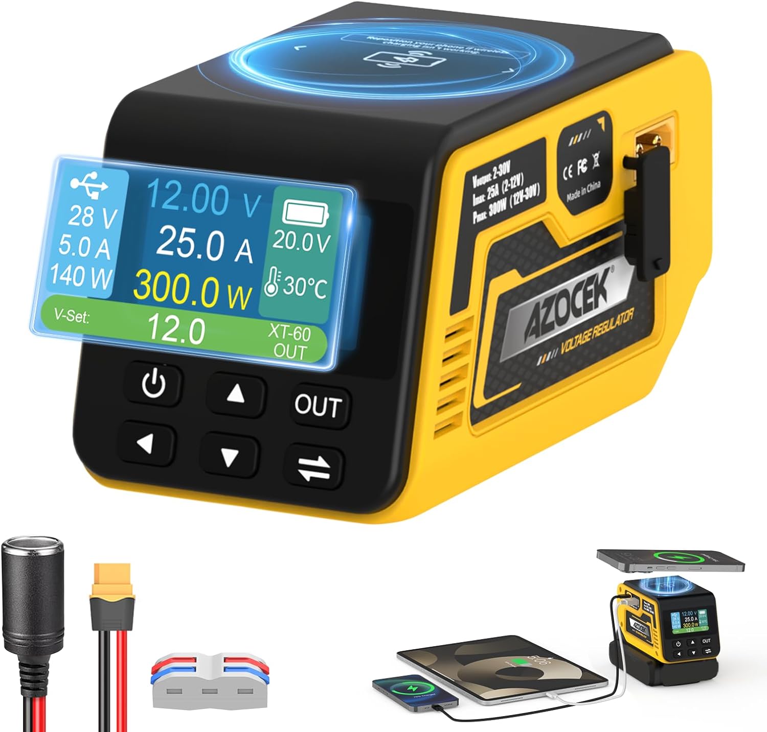 Azocek 300W Adjustable Voltage Regulator Compatible with Dewalt 20V Battery(Battery Not Included), 2–30V DC Output, Up to 25A, 140W Type-C PD Fast Charging, 15W Wireless Charger, 1.9" LCD Display