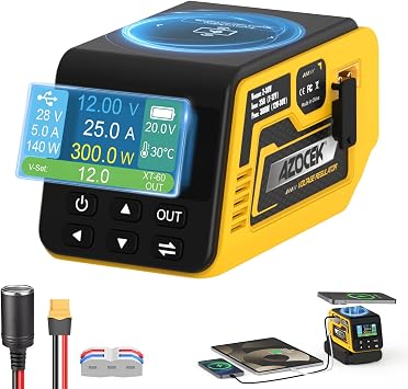 Azocek 300W Adjustable Voltage Regulator Compatible with Dewalt 20V BatteryBattery Not Included, 230V DC Output, Up to 25A, 140W Type-C PD Fast Charging, 15W Wireless Charger, 1.9" LCD Display