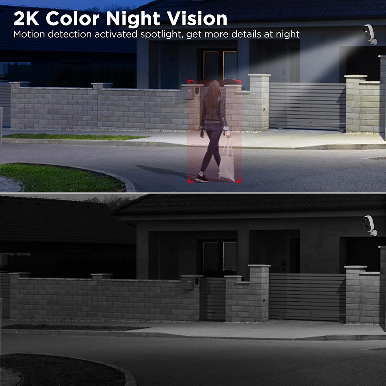 Top image shows 2K color night vision with a spotlight illuminating a person, bottom image shows standard night vision without color.