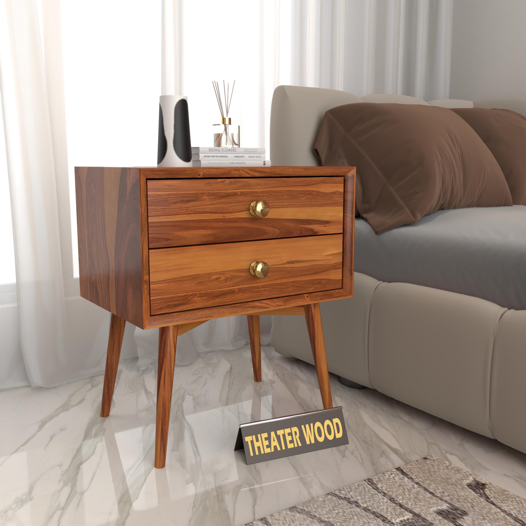 Solid Wood Bedside Table with 2 Drawers | Mid-Century Modern Nightstand for Bedroom | Wooden End Table with Storage | Walnut Finish | Living Room & Home Furniture-image-38