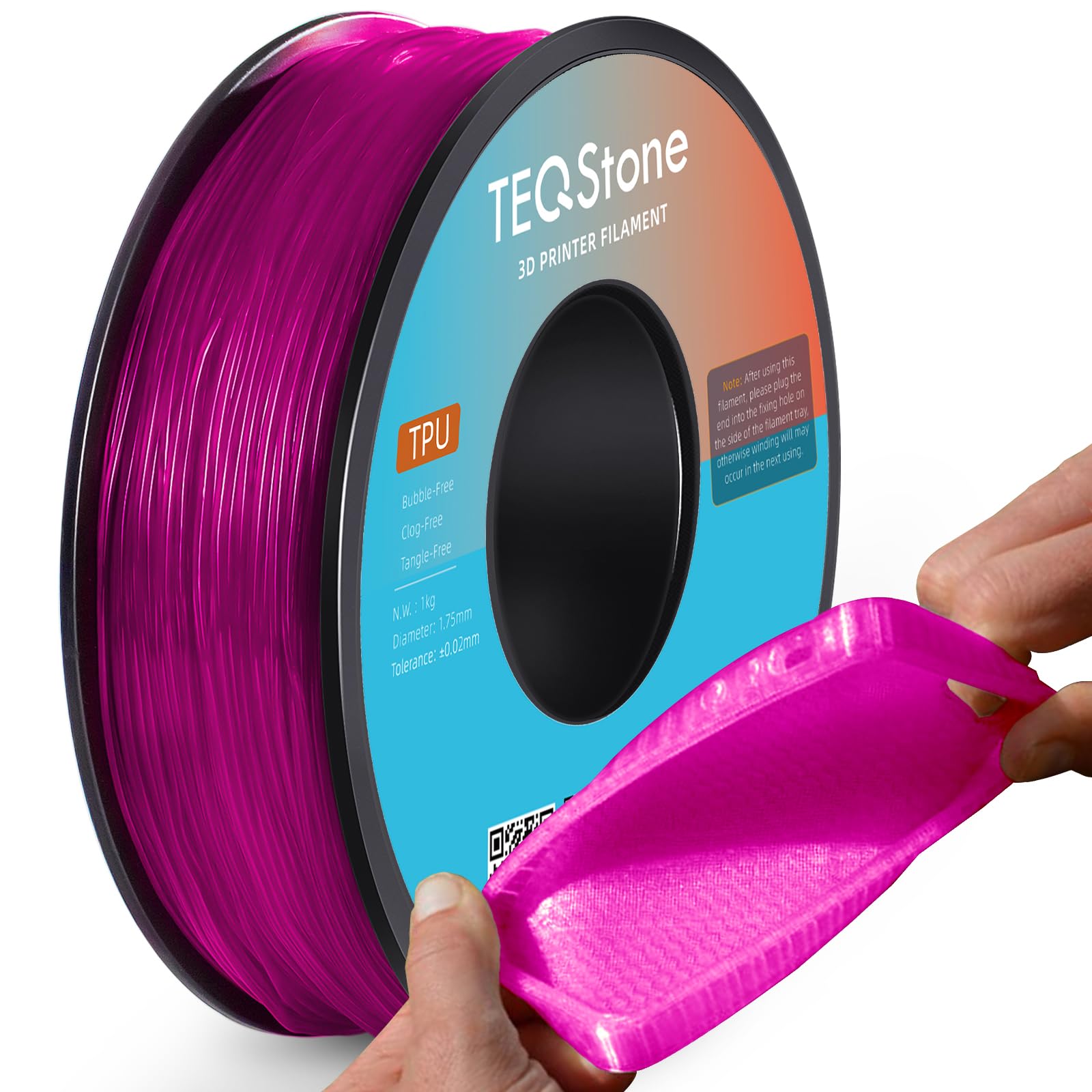 TEQStone TPU Filament 1.75mm 1Kg Pink Spool 95A Flexible Soft 3D Printer Filament Consistent Diameter +/-0.03mm in Vacuum Package