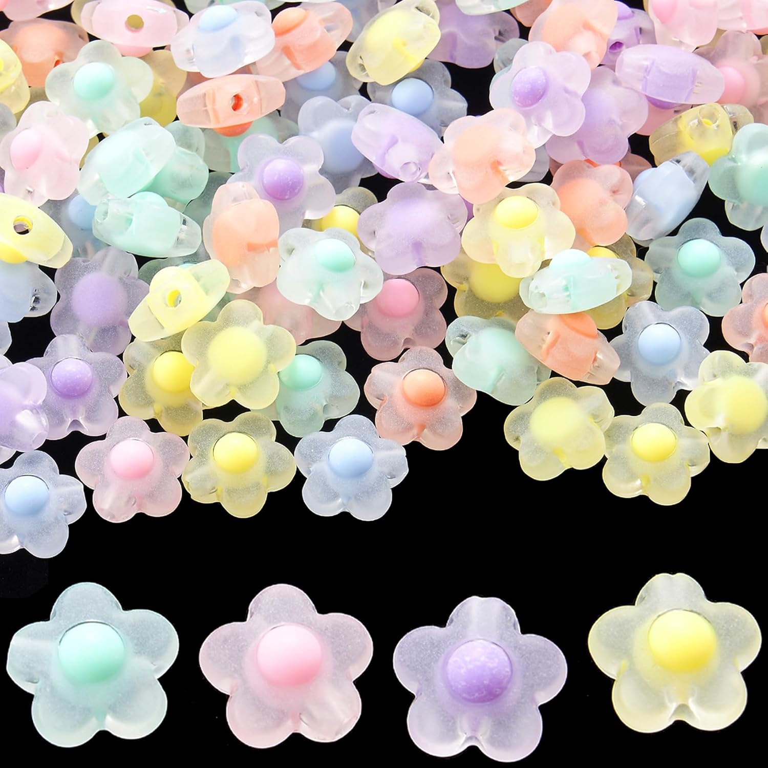 OIIKI 100pcs Acrylic Flower Beads for Crafts, Frosted Plum Blossom Flower Beads Assortments, Muticolor Floral Charms Supplies for Jewelry Making Bracelets Necklaces Earrings