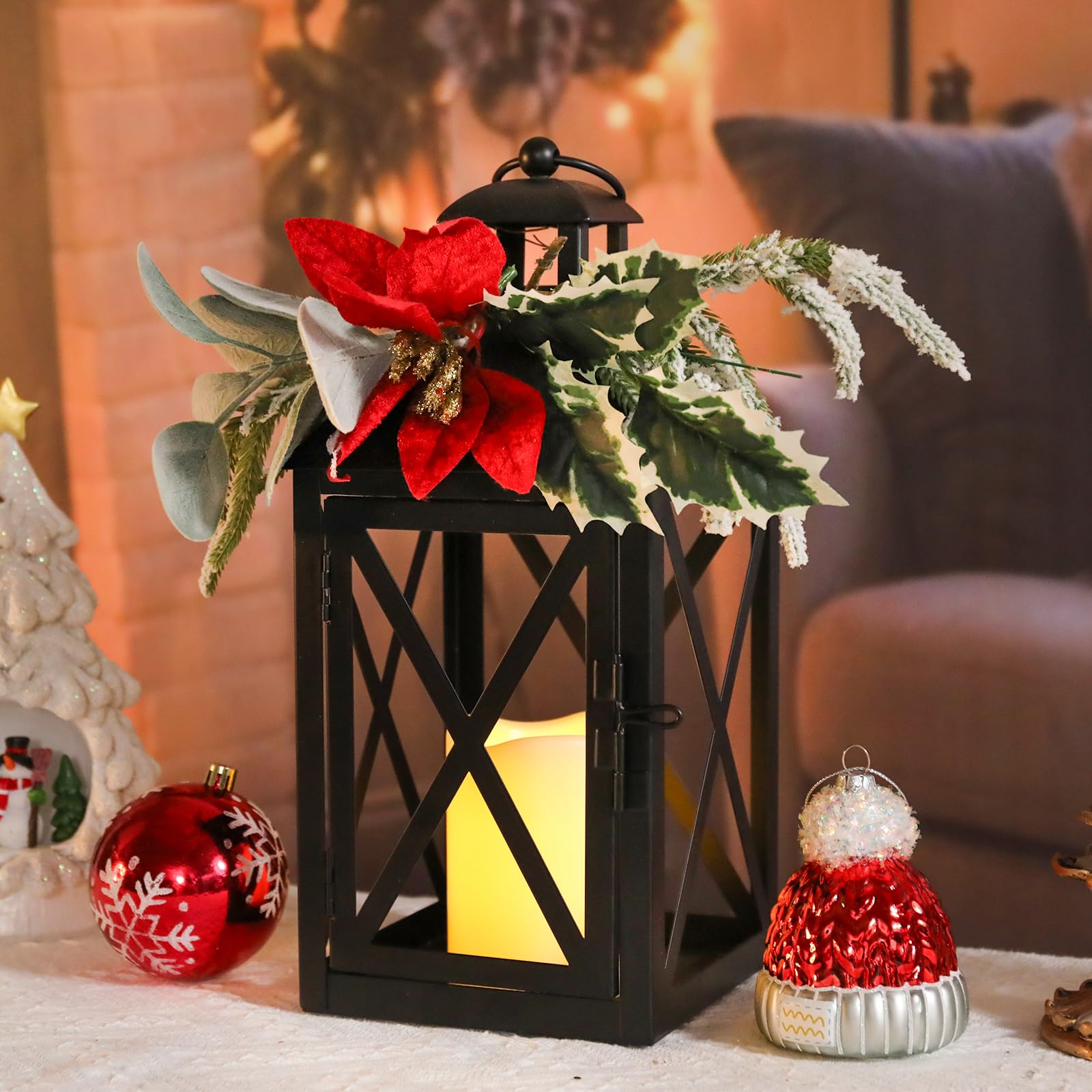 Faroles de Navidad decorativos para interiores, paquete de 2 faroles de Navidad para exteriores, faroles decorativos de vela de 12 pulgadas, luz sin llama con flores y vegetación para centros de mesa