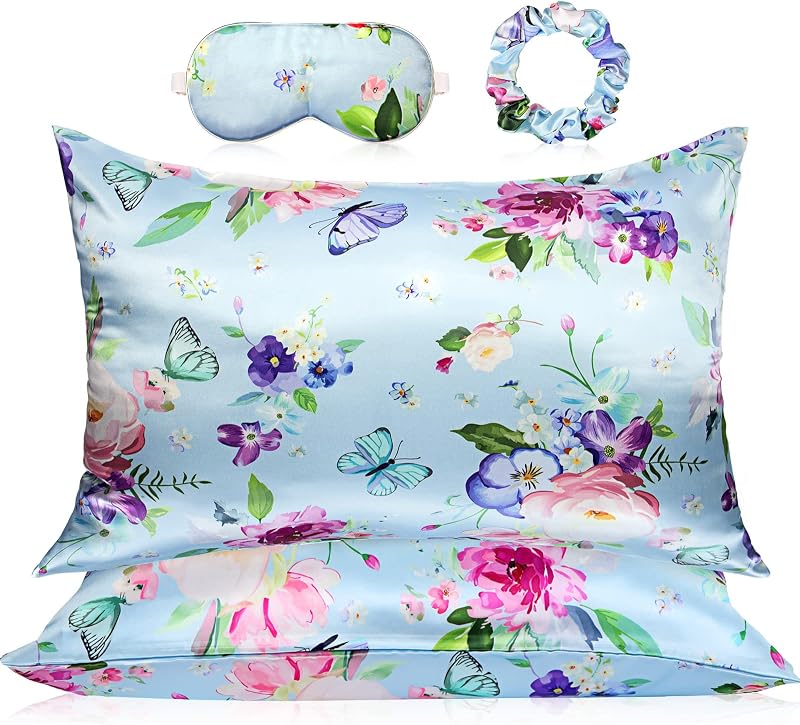Tatuo Conjunto de fronhas de cetim com zíper, máscara para dormir e scrunchie, tamanho padrão, azul-claro com estampa floral