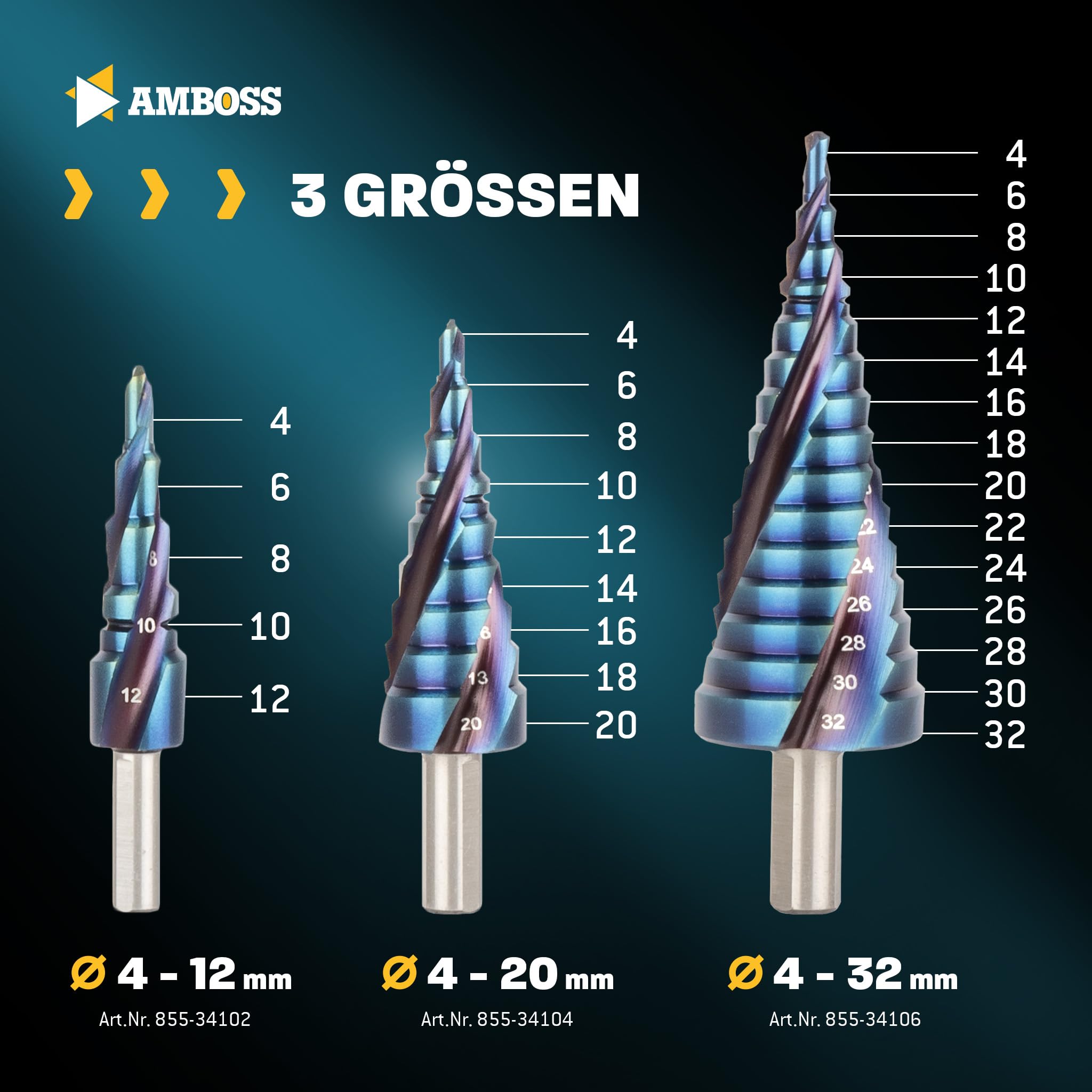 Stufenbohrer Set Ø 4-12 + 4-20 + 4-32 mm / 3 Stck. Profi Metallbohrer Kegelbohrer HSS-E Co 5% / Amboss PowerStep 3 TiAlSiN Blue Nano Guard/für Stahl, Inox, Edelstahl, Alu, Kunststoff, Acrylglas