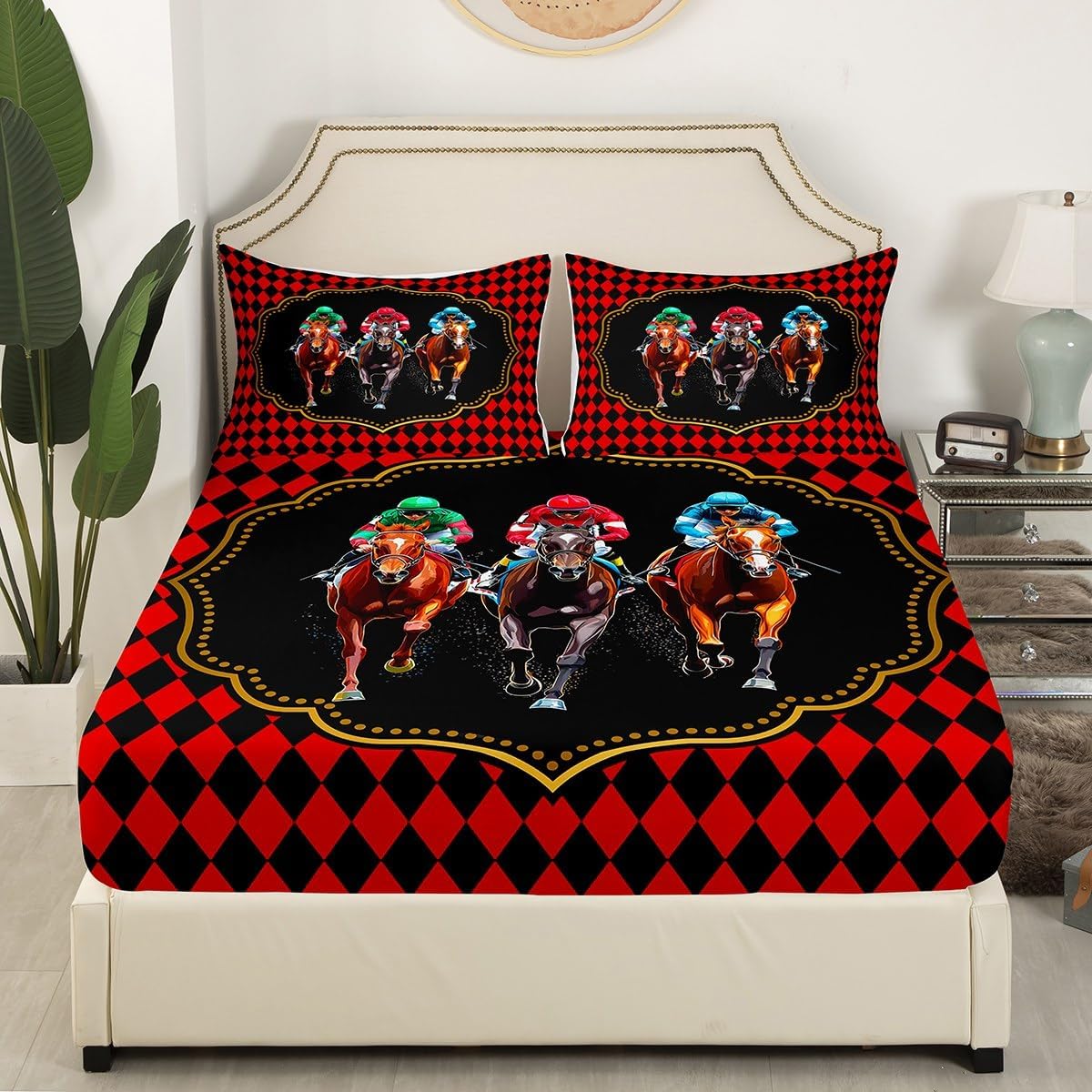Horse Racing Bedding Set Twin Size Black Red Grid Bed Set for Girls Teens Bedroom Decor Kids Western Cowboy Fitted Sheet Soft Microfiber Horses Bed Cover(1 Fitted Sheet+1 Pillow Case)