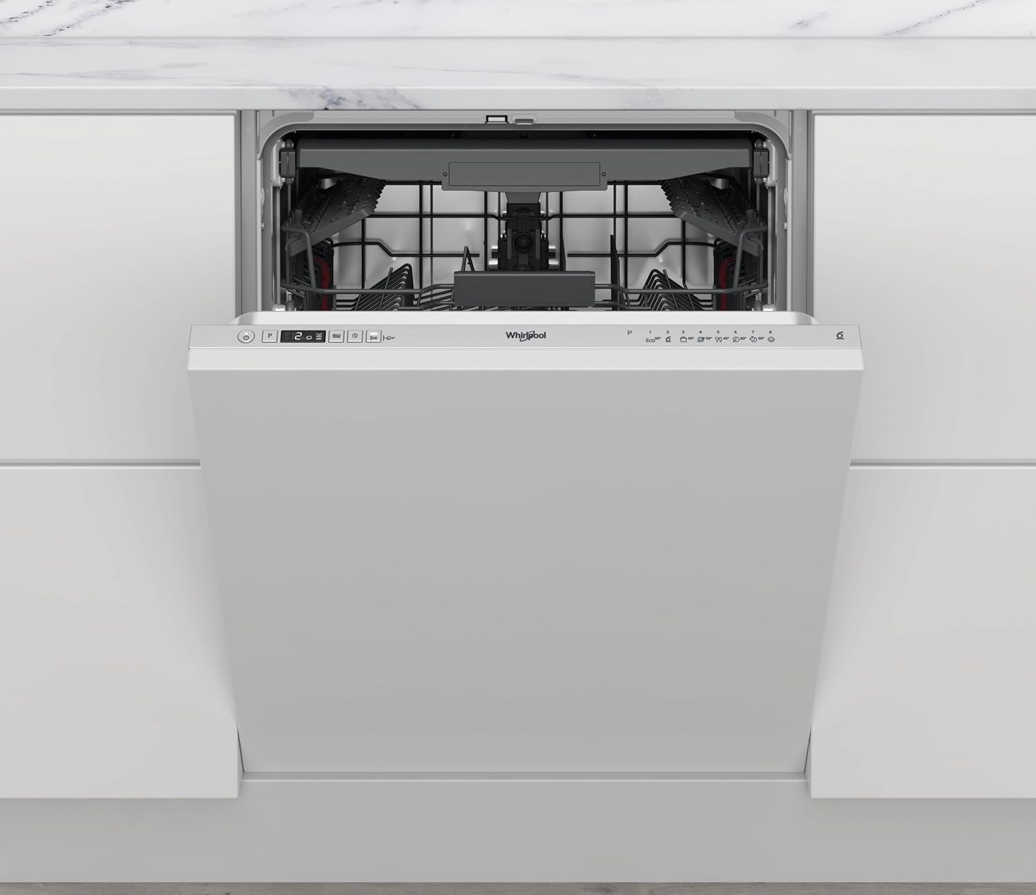 Whirlpool WIC 3C26 F semi-integrated dishwasher with door closed, installed in a kitchen setting.