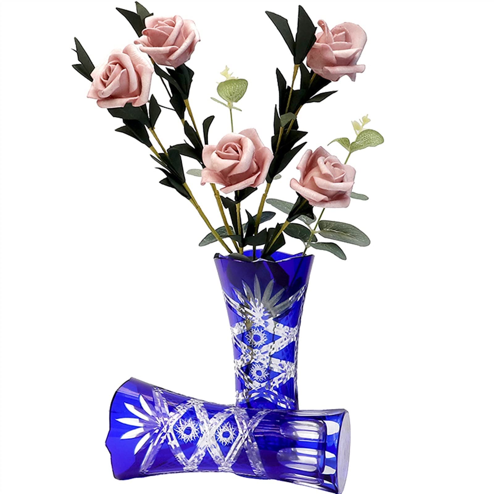 Jarrón de Flores Elegante jarrón de Cristal Azul Estilo Bohemio checo Cortado a Mano for decoración Transparente florero patrón Grabado Jarrón