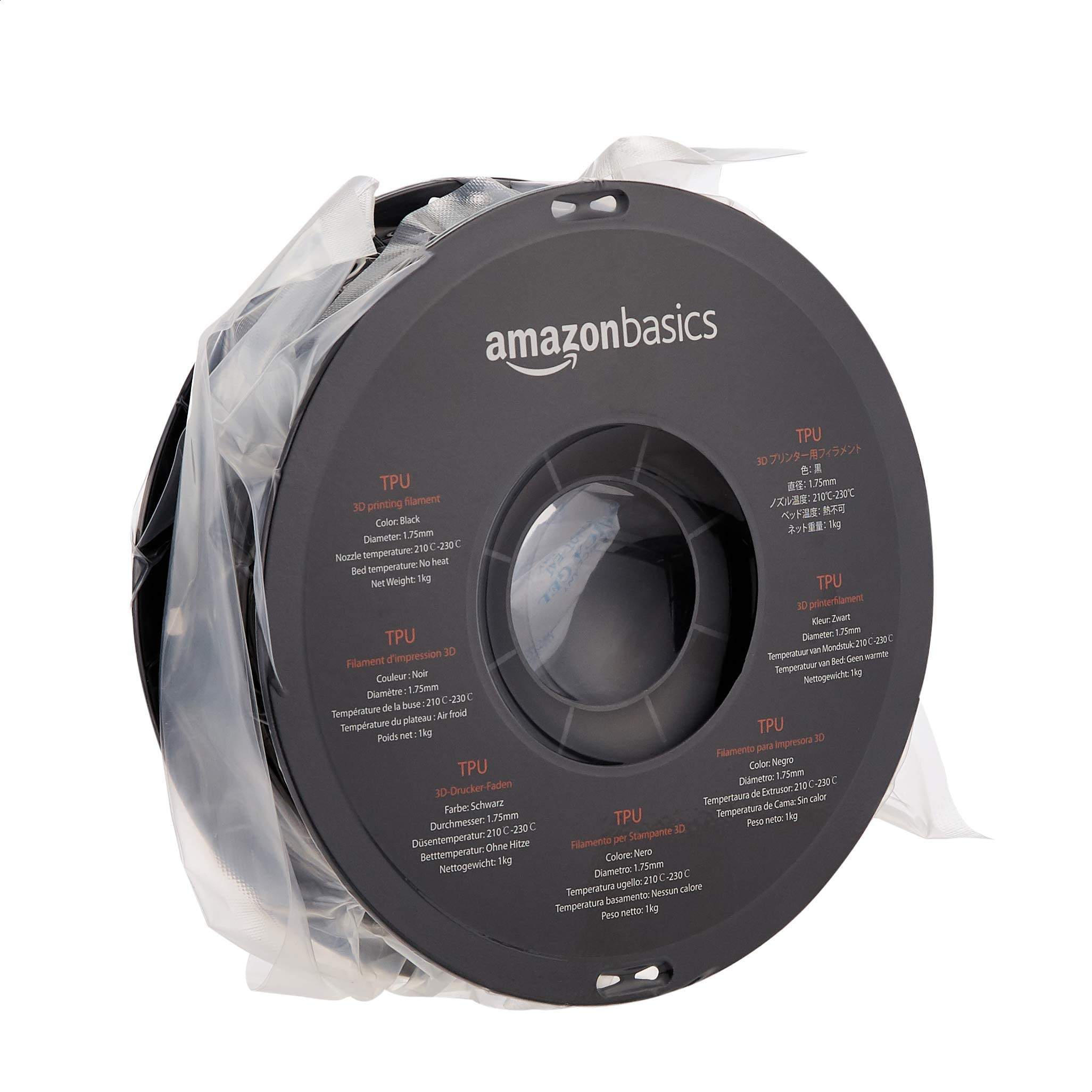 Amazon Basics Filamento per stampanti 3D, in poliuretano termoplastico (TPU), 1.75 mm, nero, bobina da 1 kg (Confezione da 2)