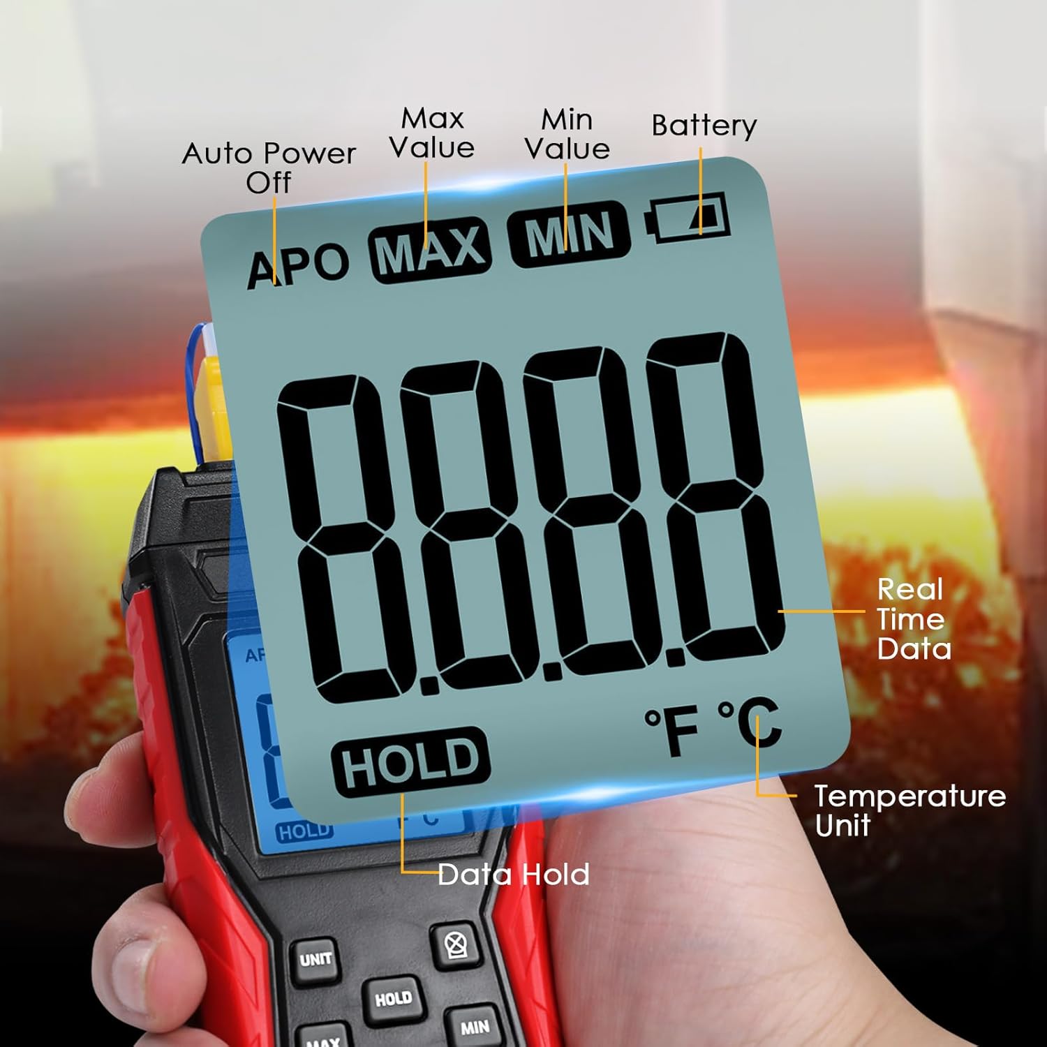 Digital K Type Thermometer, Thermocouple Thermometer Single Channel Thermocouple Tester(-328~2501℉) with 1 Temperature Clamp and 1 Thermocouple Probes LCD Display for K Type
