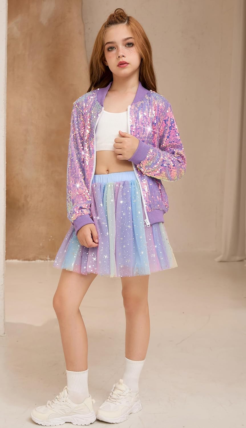 Girls Sequin Bomber Jacket Sparkly Bomber Zipper Outfit 5-12T