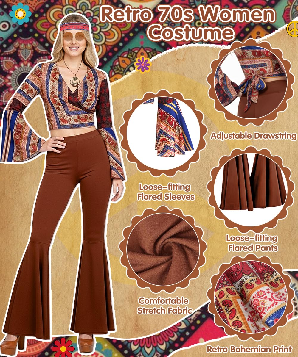 Costume Hippie Donna, Vestiti Hippie e Accessori Bohémien, Costume Anni 60 70 con Maniche a Campana, Abbigliamento Anni 70 per Carnevale, Halloween, Feste Retrò