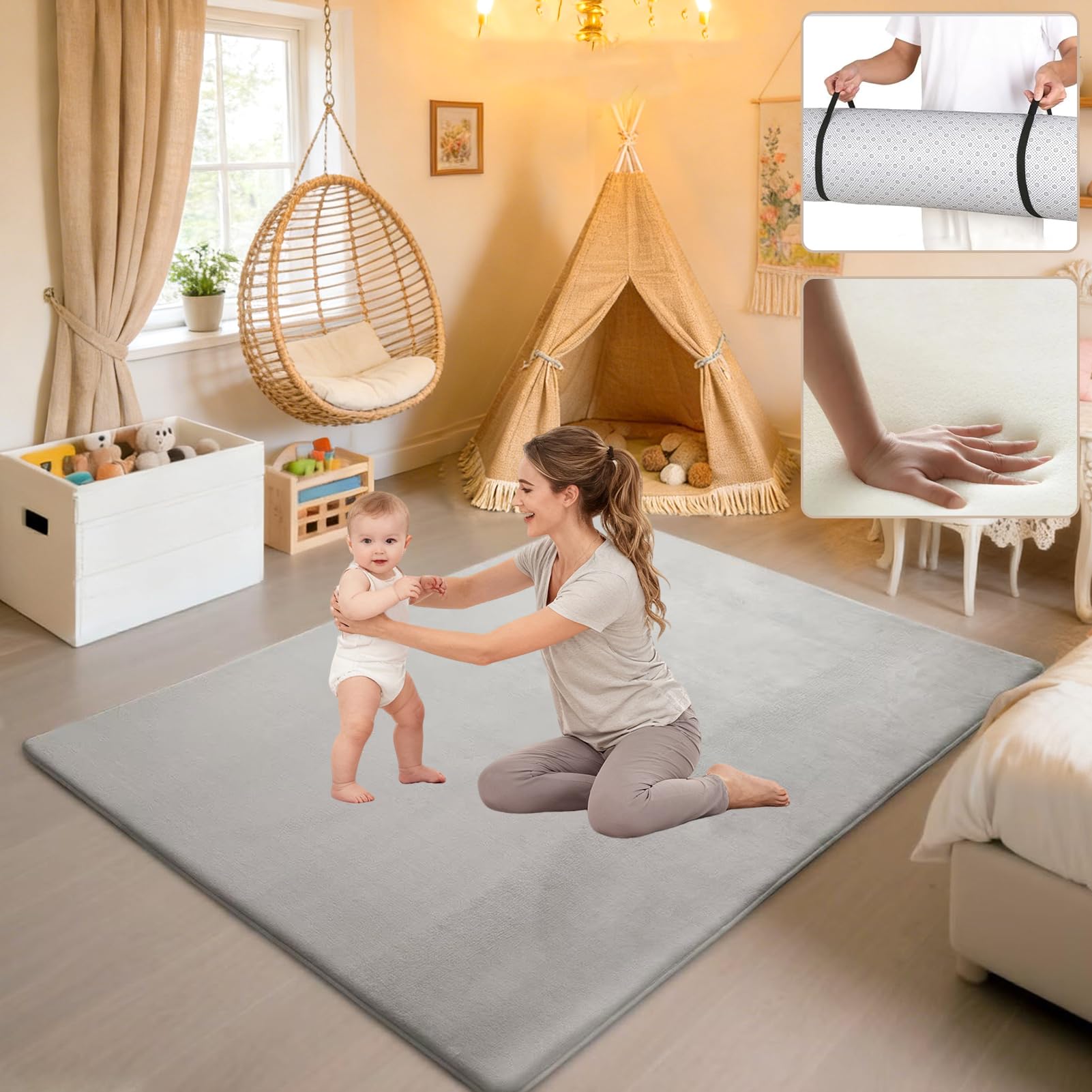 Spielmatte Baby 140 x 200 cm Silbergrau Krabbelteppich Baby, 2.5cm Dicke Krabbelmatte Memory Foam Kinderteppich, Teppich Kinderzimmer, Krabbeldecke Baby Rutschfester Spielteppich Baby