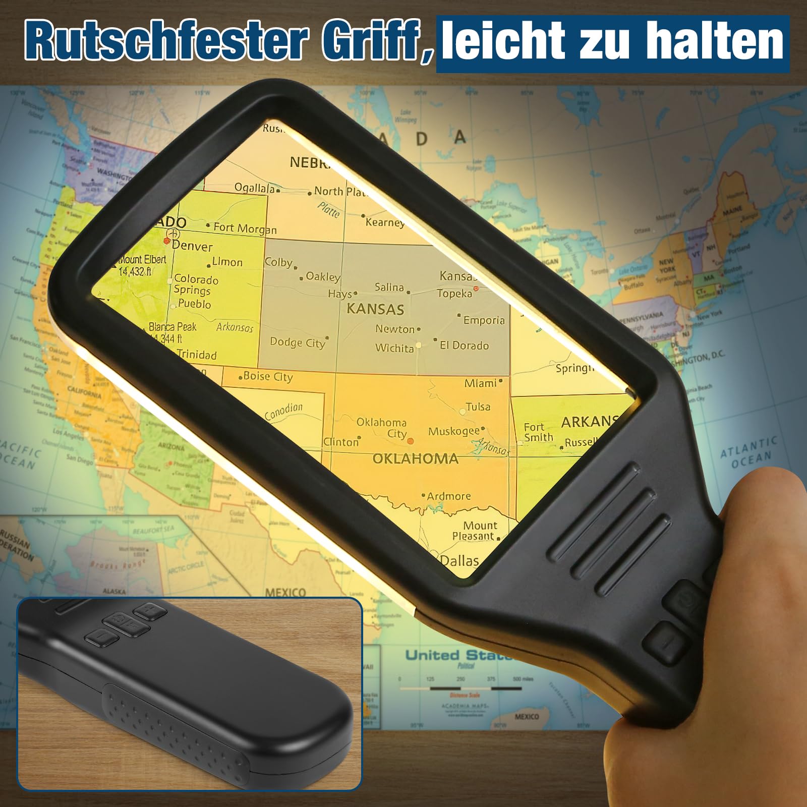 Lupe mit Licht aus Optisches Glas, 15-fache Leselupe mit Licht für Senioren groß, Typ-C-Aufladung, 3 Farbmodi, Handlupe, dimmbare beleuchtete Lupe, Lesehilfe für Bücher, Arbeit, Sehschwäche