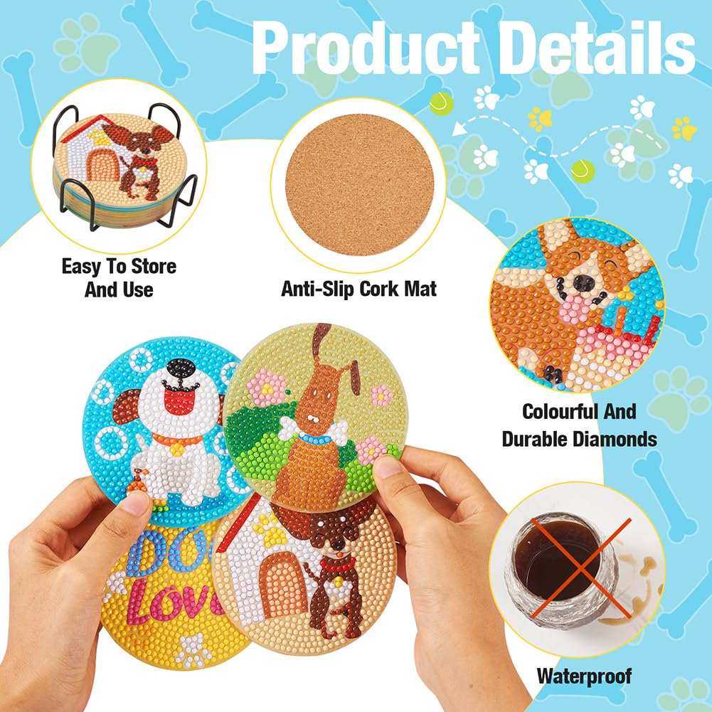 Cheriswelry 5D DIY Diamond Painting Cup Mat Kits Dog Pattern Diamond Painting with Coaster Holder Cup Pad for Beginners Art Craft Supplies 8Pcs - Image 4