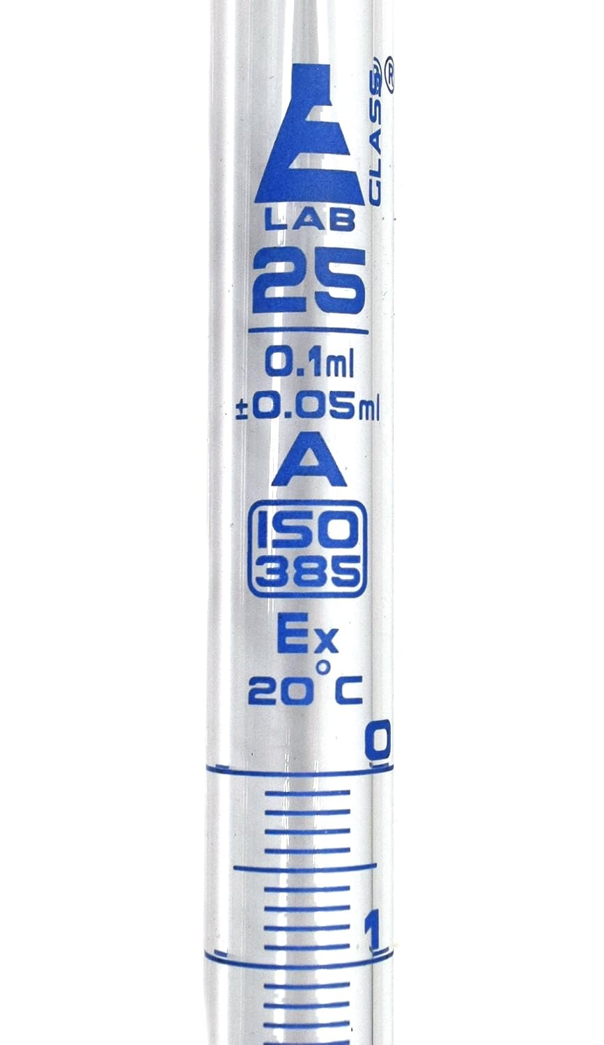 EISCO Burette, 25ml - Class A, DIN ISO 385 Compliant, Borosilicate Glass with Needle Valve Rotaflow Stopcock, 0.10ml Graduations