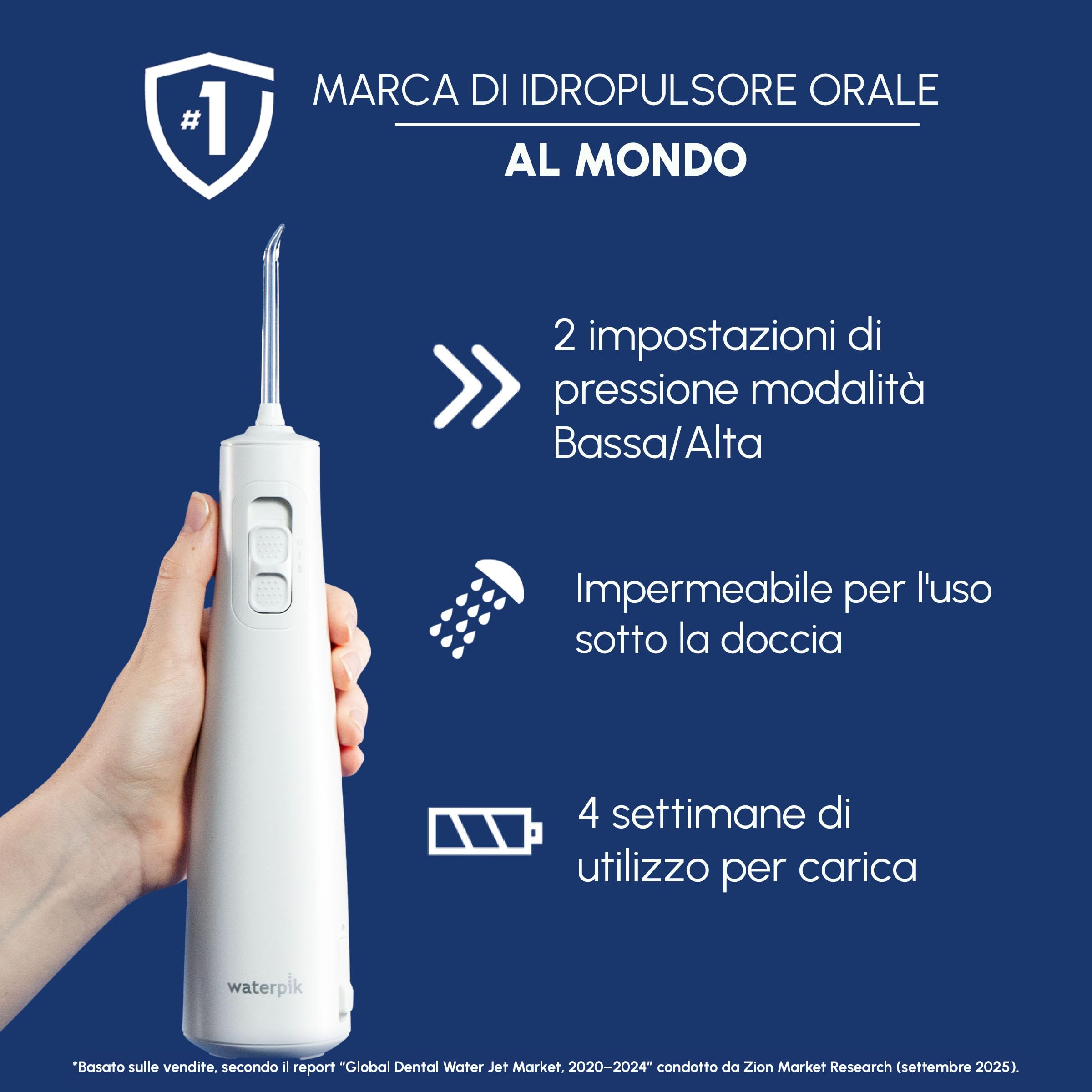 Idropulsore cordless Waterpik Pulse, approvato dalla Oral Health Foundation, idropulsore antiplacca per denti, 2 impostazioni di pressione, 45 secondi di pulizia interdentale, 2 punte incluse