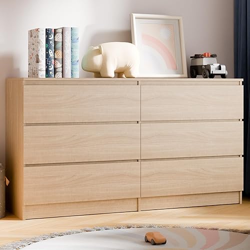 Cozy Castle 6 Drawer Dresser for Bedroom, Modern Double Dresser Organizer with 6 Drawers Large Storage, Wooden Chest of Drawers for Living Room, Hallway, Oak