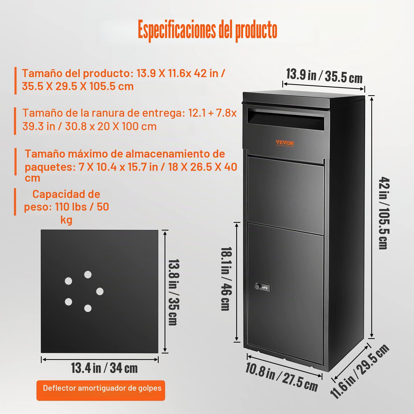 VEVOR Buzón para Paquetes 35,5x29,5x105,5 cm Buzón de Acero Galvanizado Código Bloqueable de Pie Deflector de Montaje en Suelo Antirrobo Extraíble Impermeable IPX3 Depósito de Paquete para Casa Porche