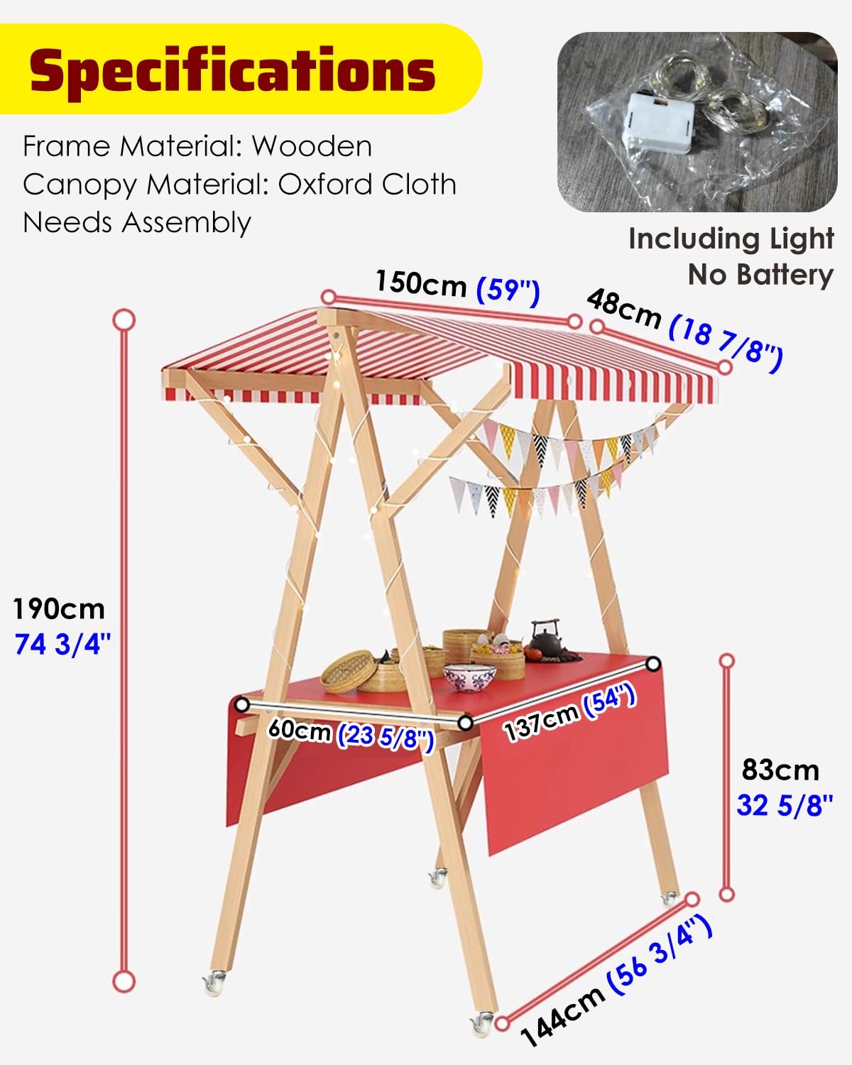 Marktstand Verkaufsstand Faltbarer Imbisswagen mit Rädern für Unternehmen, Süßigkeiten-/Eis-Verkaufsstand, Festivals, Strände, Kioske, Verkaufsstände, Pfahl(Width 150cm(59"))