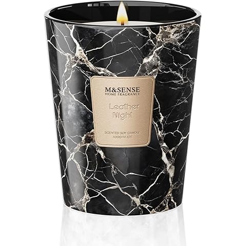 M&SENSE Leather Night Scented Candles for Home, 3 Wick Highly Scented Jar Candle, 14.1 Oz 80H Long Lasting Burning Christmas Candle for Women, Aromatherapy Candles for Holiday Christmas Gift