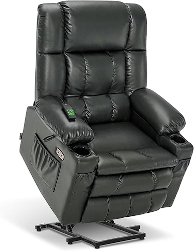 Miniatura 10 de MCombo Silla reclinable eléctrica de doble motor para personas mayores, silla elevadora plana con calor y masaje, portavasos, puertos USB, piel