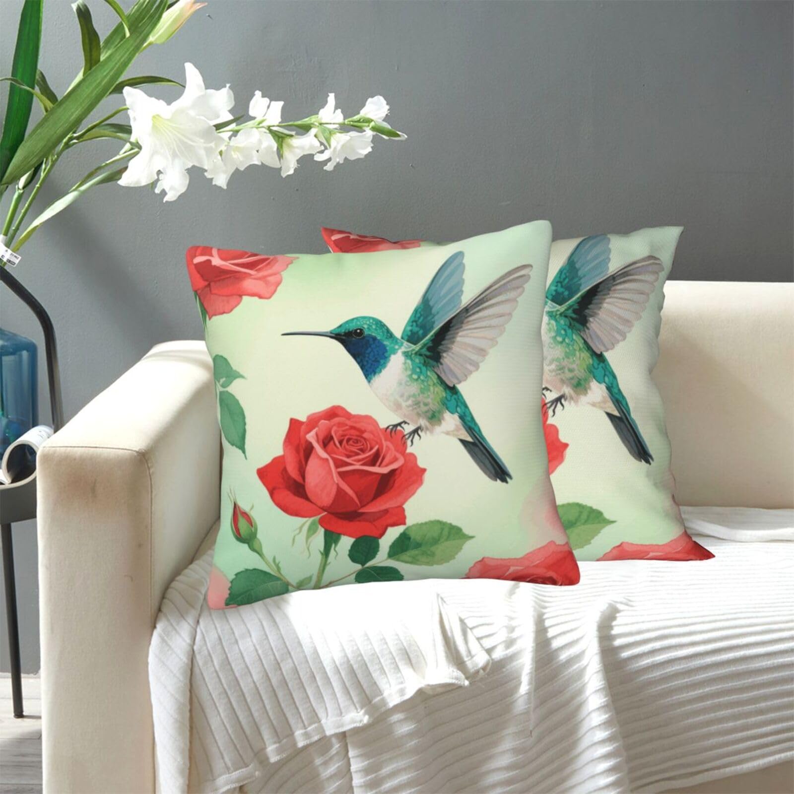 FekiLoot Decorative Throw Pillow Covers Modern Farmhouse Pillowcase Double Sided Cozy Cushion Cover for Sofa Couch Bed 18"X18" Hummingbird Flowers