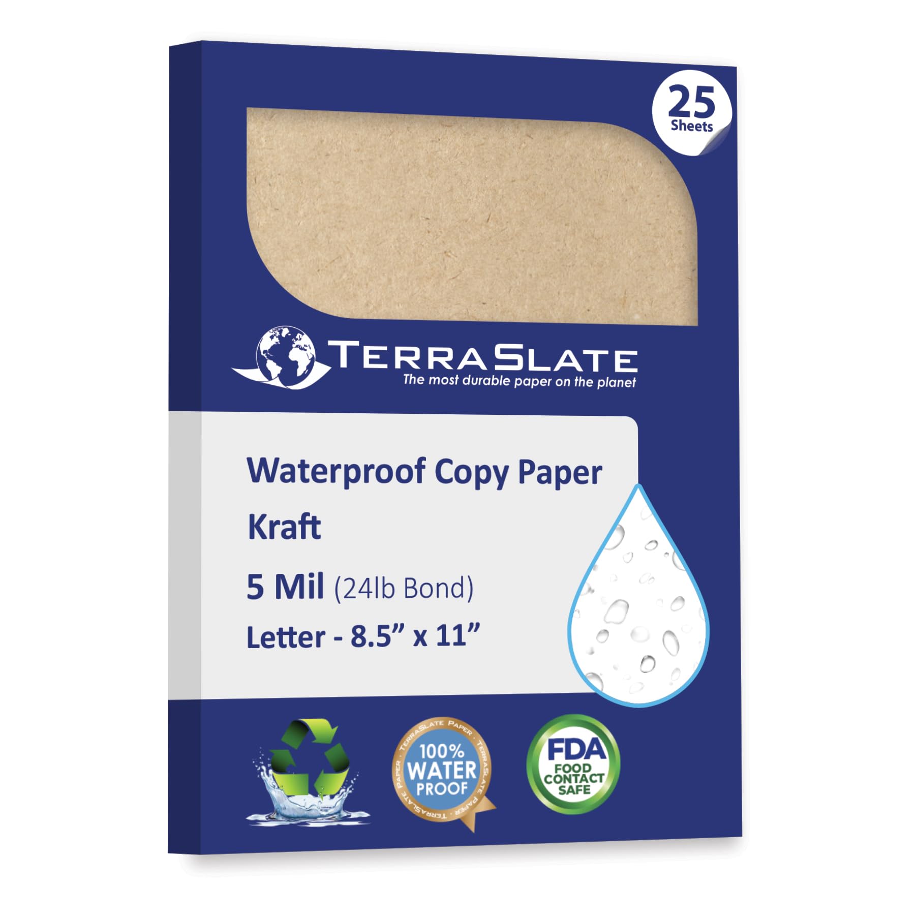 TerraSlate Waterproof Paper, Rip-Proof Colored Paper, Kraft Paper, 25 Sheets, 5 Mil (24lb Bond), 8.5" x 11", Laser Printer and Copy Machine Compatible