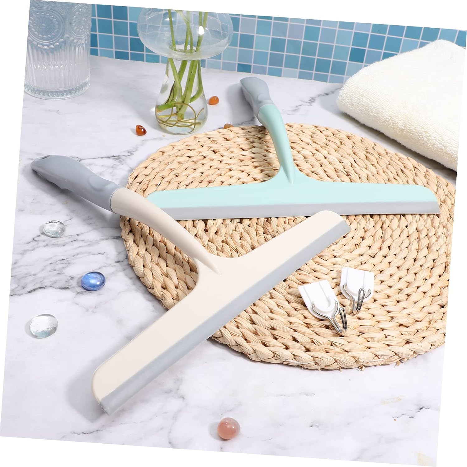 4pcs Ergonomic Handle Squeegee for Shower Doors Window Cleaning Tool Adhesive Hooks