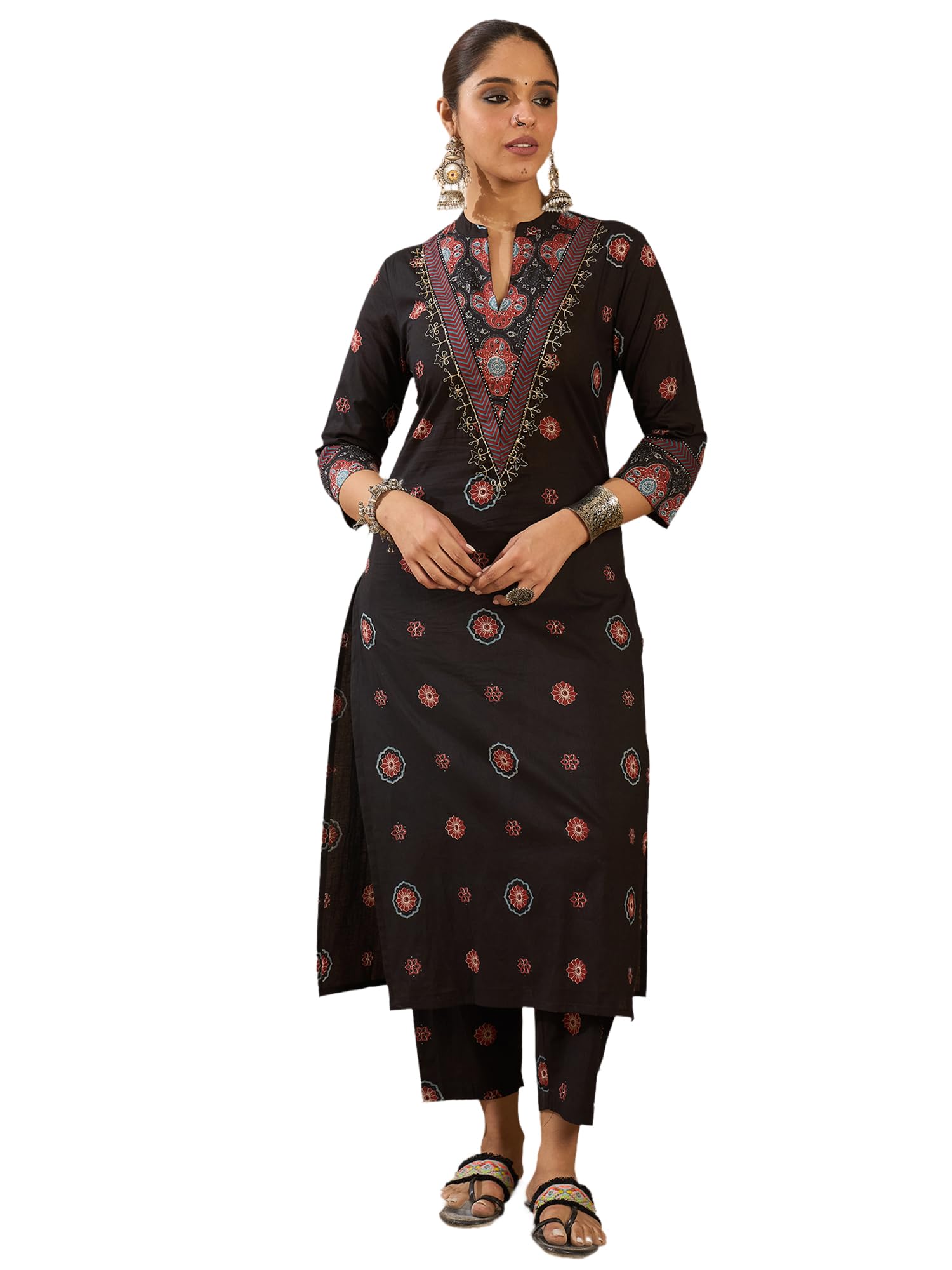 Women's Straight Pure Cotton Ethnic Motifs Printed Kurta & Pant Set (IESTR10713)-image-31