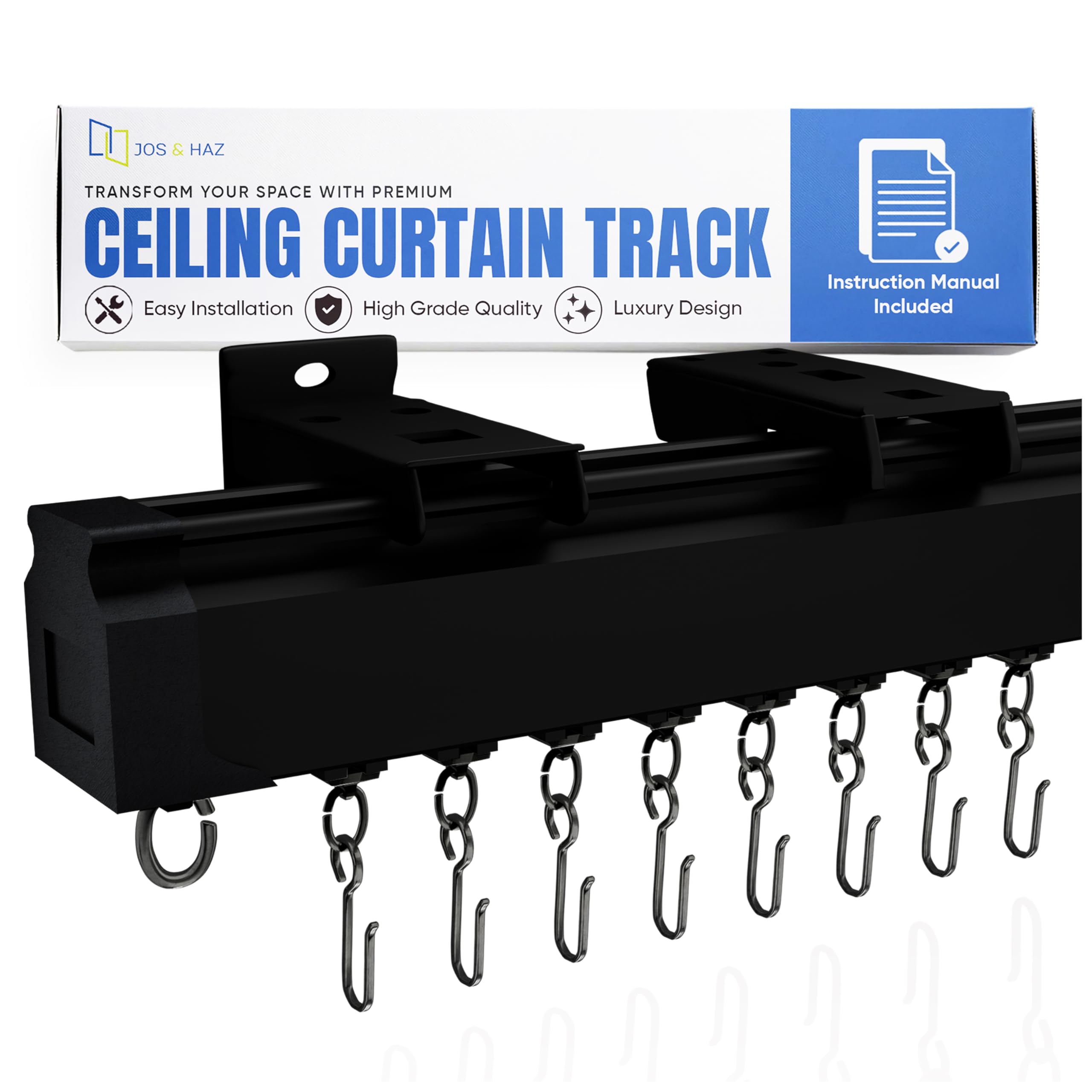 Jos & Haz Ceiling Curtain Track Set – 3ft-9.8ft / 3 Meter – Premium Heavy Duty Curtain Track, Ceiling Mount and Wall Mount for Room Divider, Living Room, Bedroom, Office