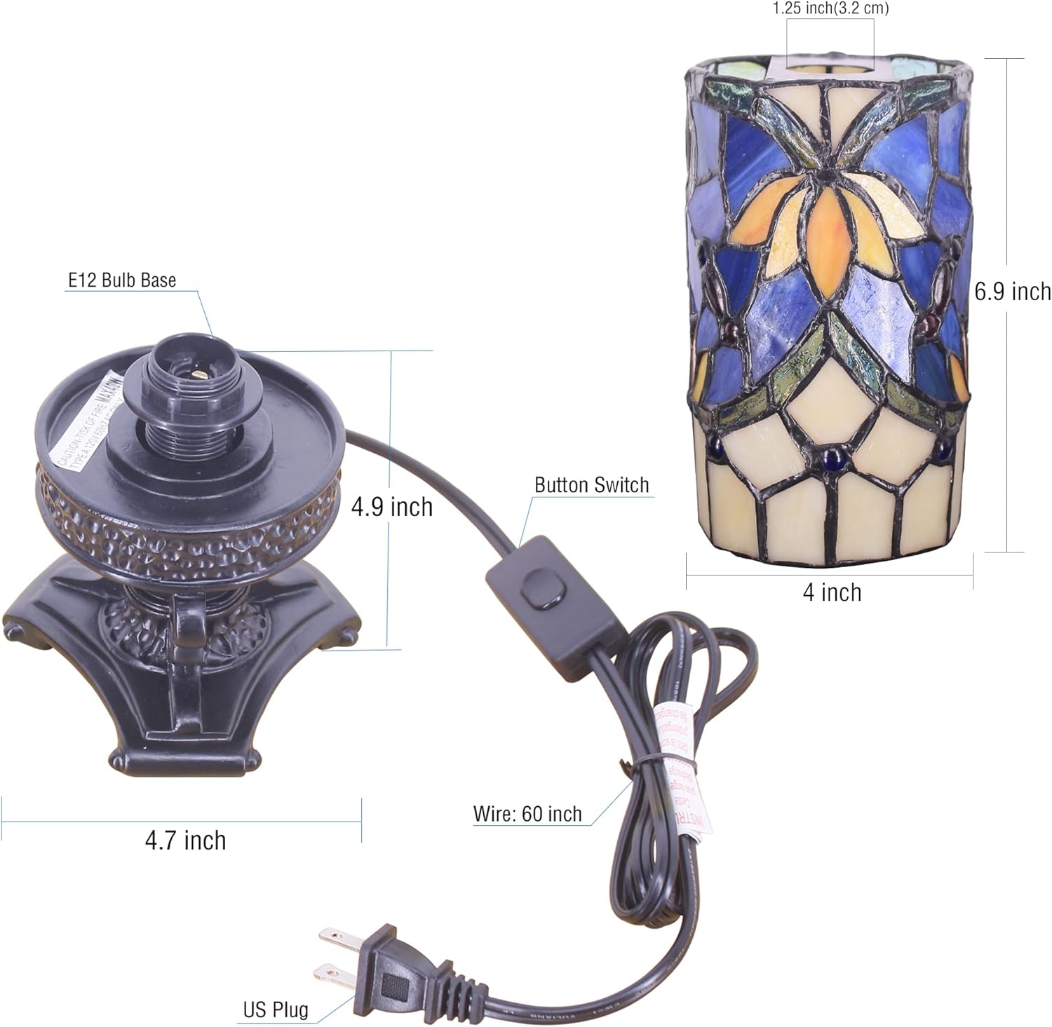 Small Tiffany Table Lamp Mini Stained Glass Desk Lamp Sympathy Memory Table Lamp with Cylindrical Shade 4X10Inch (Blue Lotus Style)