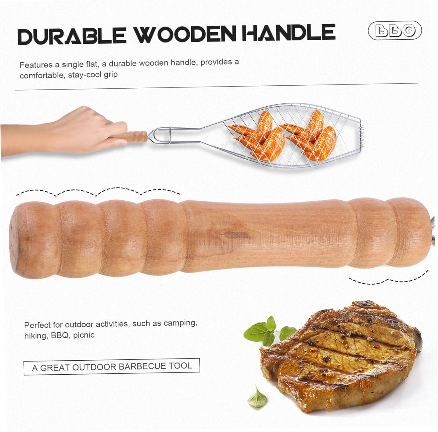 2 Pcs Fish Grill Basket with Wooden Handle Non Stick Metal Mesh Clip for Bbq Net Grilling Iron Barbecue Tool for Camping Picnic Outdoor Cooking