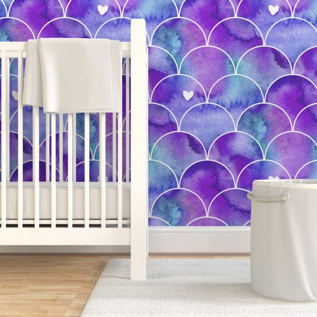 Peel & Stick Wallpaper 3ft x 2ft - Scallops, Mermaid, Scales, Watercolor, Dragon, Purple, Aqua, Fantasy, Cosplay, Mythical, Custom Removable Wallpaper by Spoonflower