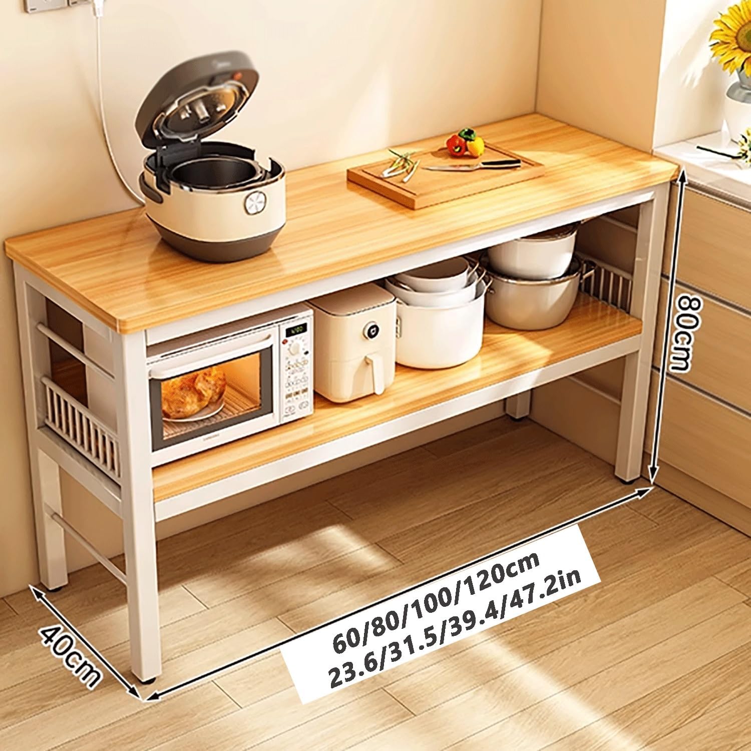 Multifunctional Kitchen Island with Storage Shelf, Large Worktable, Steel Structure, Industrial Design, Easy Assembly, Adjustable Feet, Beige, 60x40cm (24x16in)