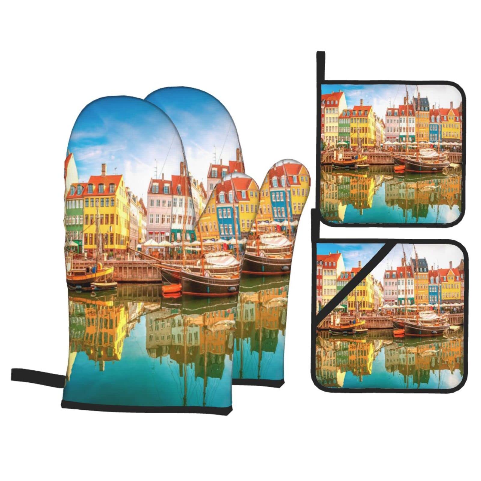 Denmark Copenhagen Canal Oven Mitts and Pot Holders Set of 4 for Kitchen Cooking BBQ Baking