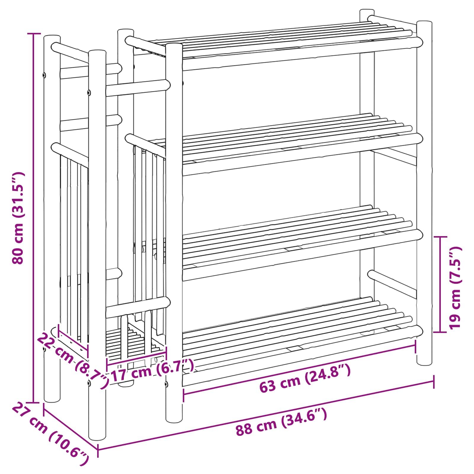 Schuhregal aus Bambus Natur mit 4 Regalen 88 x 27 x 80 cm, platzsparend und leicht, Schuhaufbewahrung für Flur, Diele und Eingang, stabiles Ordnungssystem für Schuhkommode und Schuhständer