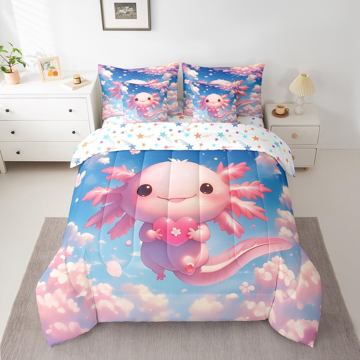 Feelyou Kids Cute Axolotl Bed in A Bag Twin Size, Sealife Comforter Set with Sheets Cartoon Salamander 7 Pieces Bedding Set Boys Girls Cherry Blossoms Teens Bed Set Bedroom Decor 7Pcs