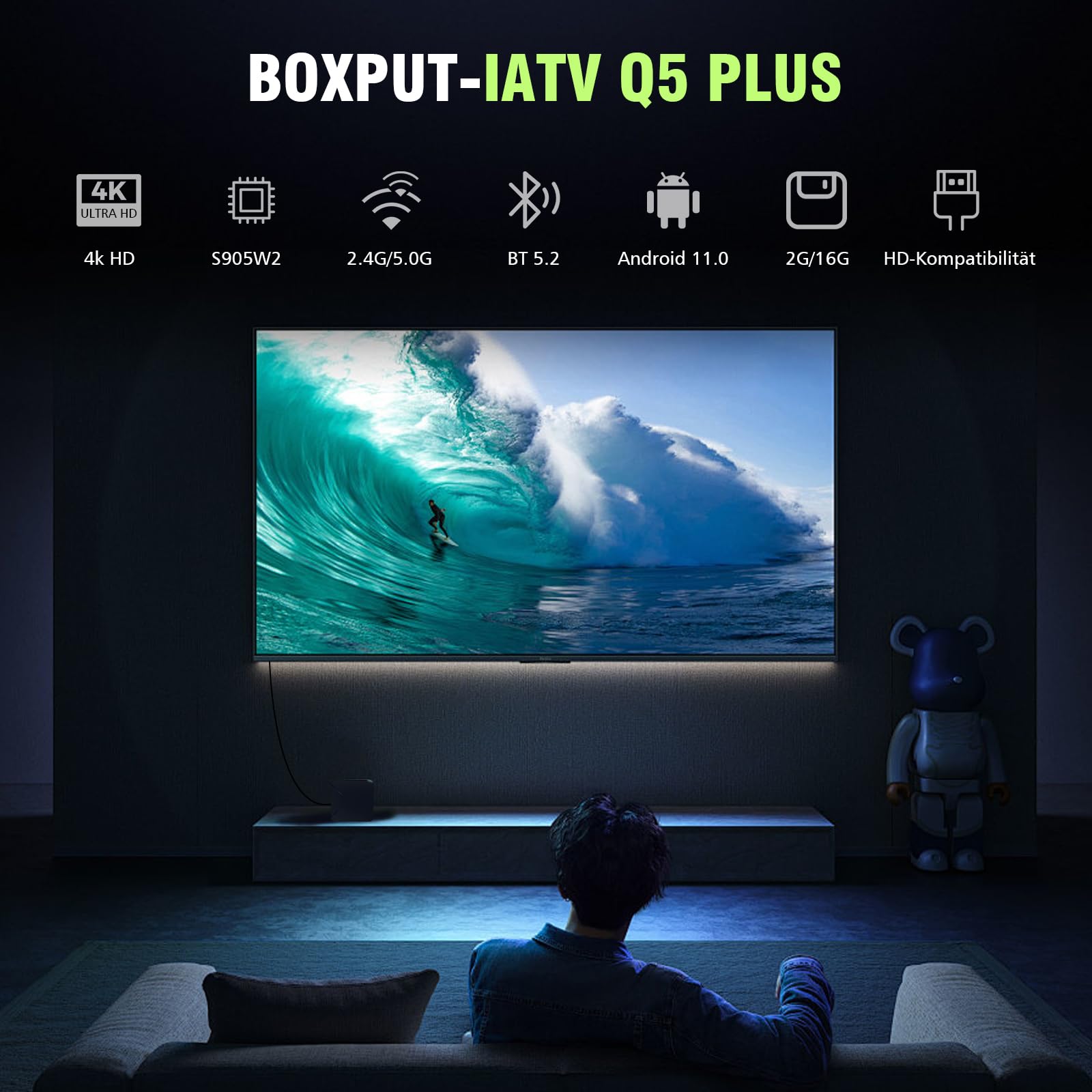 BOXPUT Q5 PLUS Android TV Box, Android 11.0 Box, BT 5.2, 2.4G/5G Dual-Band WiFi, 4K HD, Chipset Amlogic S905W2 Quad-Core Processeur 2GB RAM+16GB ROM, 10/100M LAN Enternet - Nero