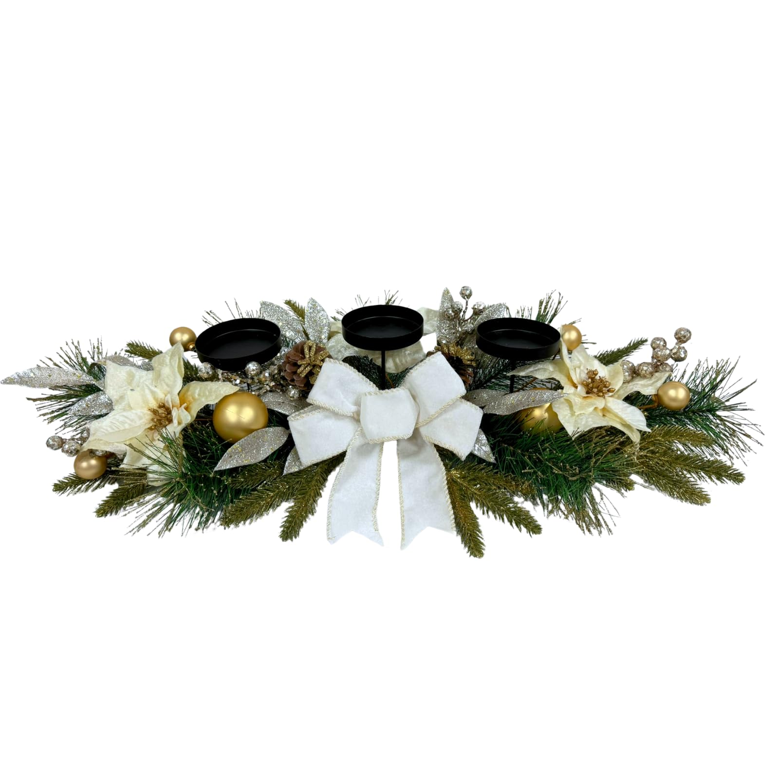 Svndlyn Portavelas de Navidad, centro de mesa de Navidad, 3 portavelas con flores de Pascua blancas, lazo decorativo con purpurina y ramas de pino, piñas para centro de mesa, decoración navideña