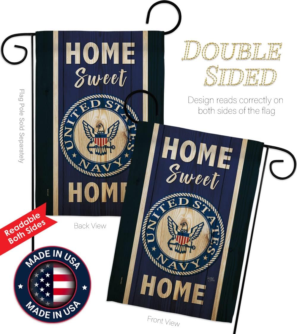 Breeze Decor Home Sweet Navy Garden Flag Set with Stand Armed Forces USN Seabee United State American Military Veteran Retire Official House Banner Small Yard Gift Double-Sided, Made in USA
